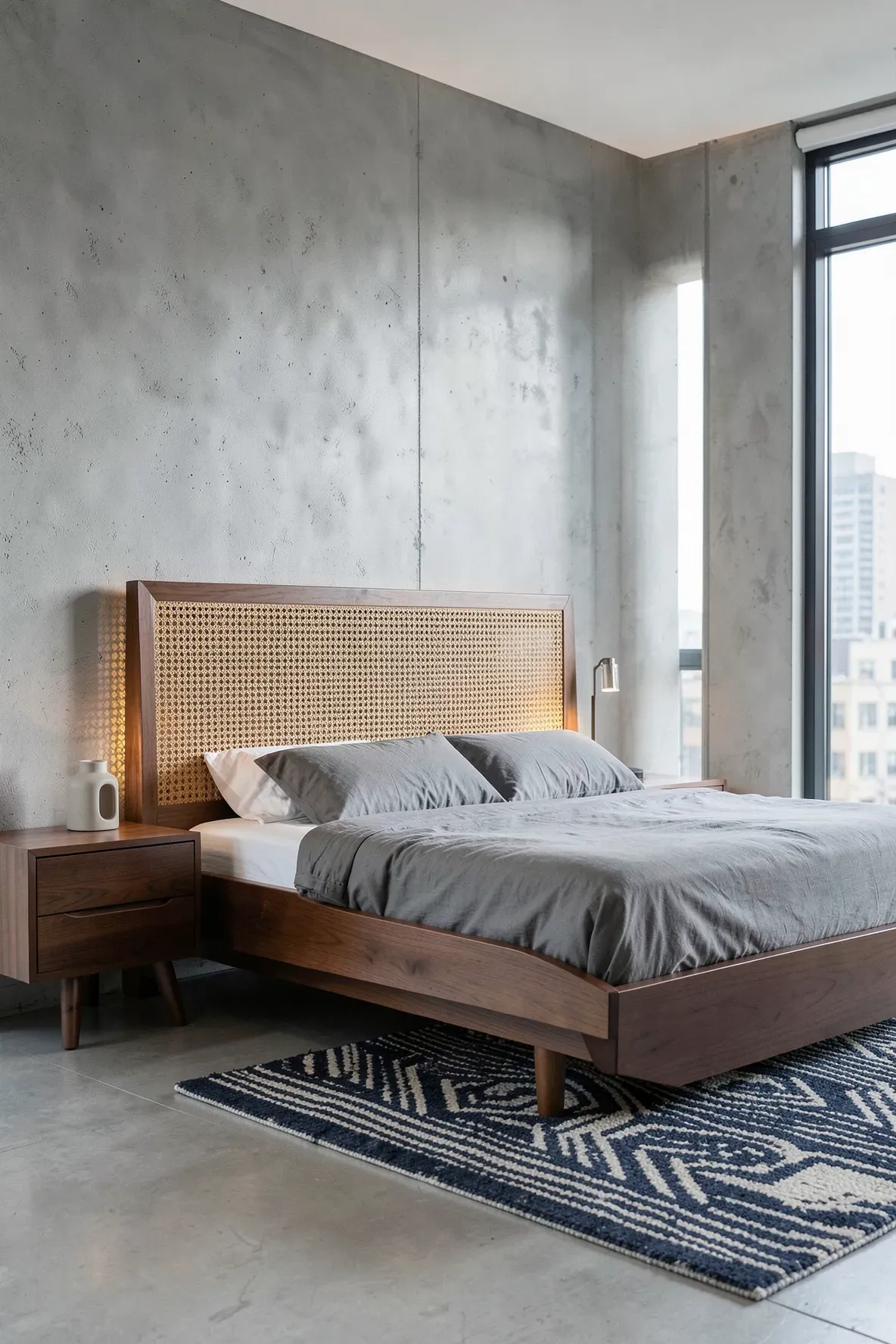 A Mid-Century Modern headboard with a dark wood frame and octagonal cane weave in a modern room.