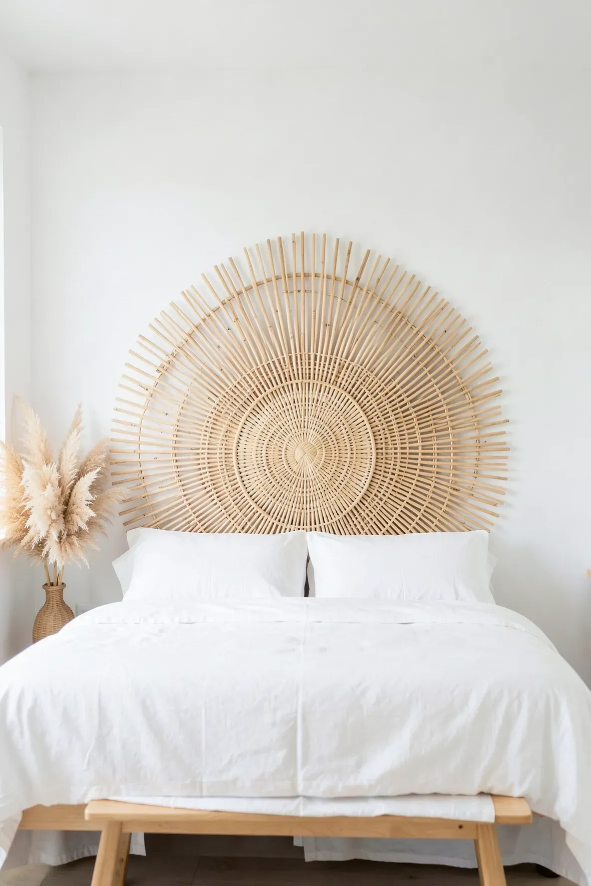 A sunburst-patterned rattan headboard with radiating strips in a minimalist white bedroom.