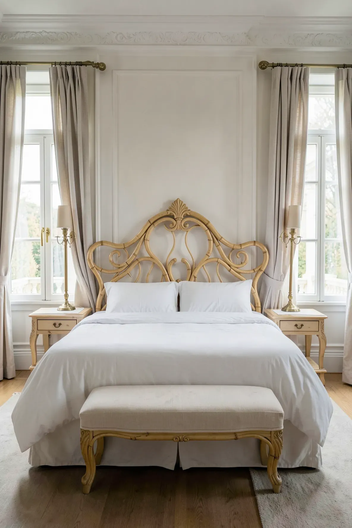 An elegant French-style headboard with scrolling bentwood bamboo curves in a formal bedroom.