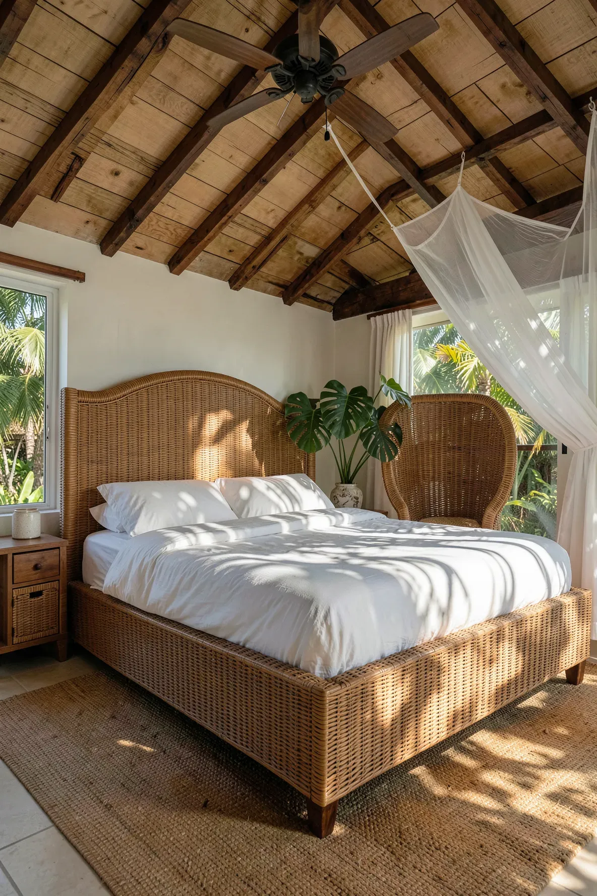 A full wicker bed frame with a high-back fan headboard in a tropical-themed bedroom.