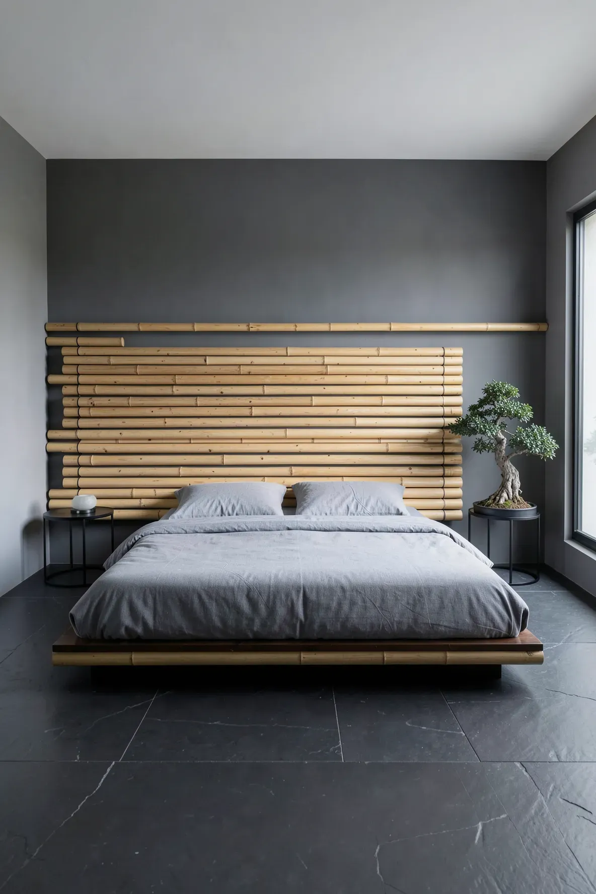 A modern minimalist headboard with horizontal bamboo poles in a Zen-inspired bedroom.