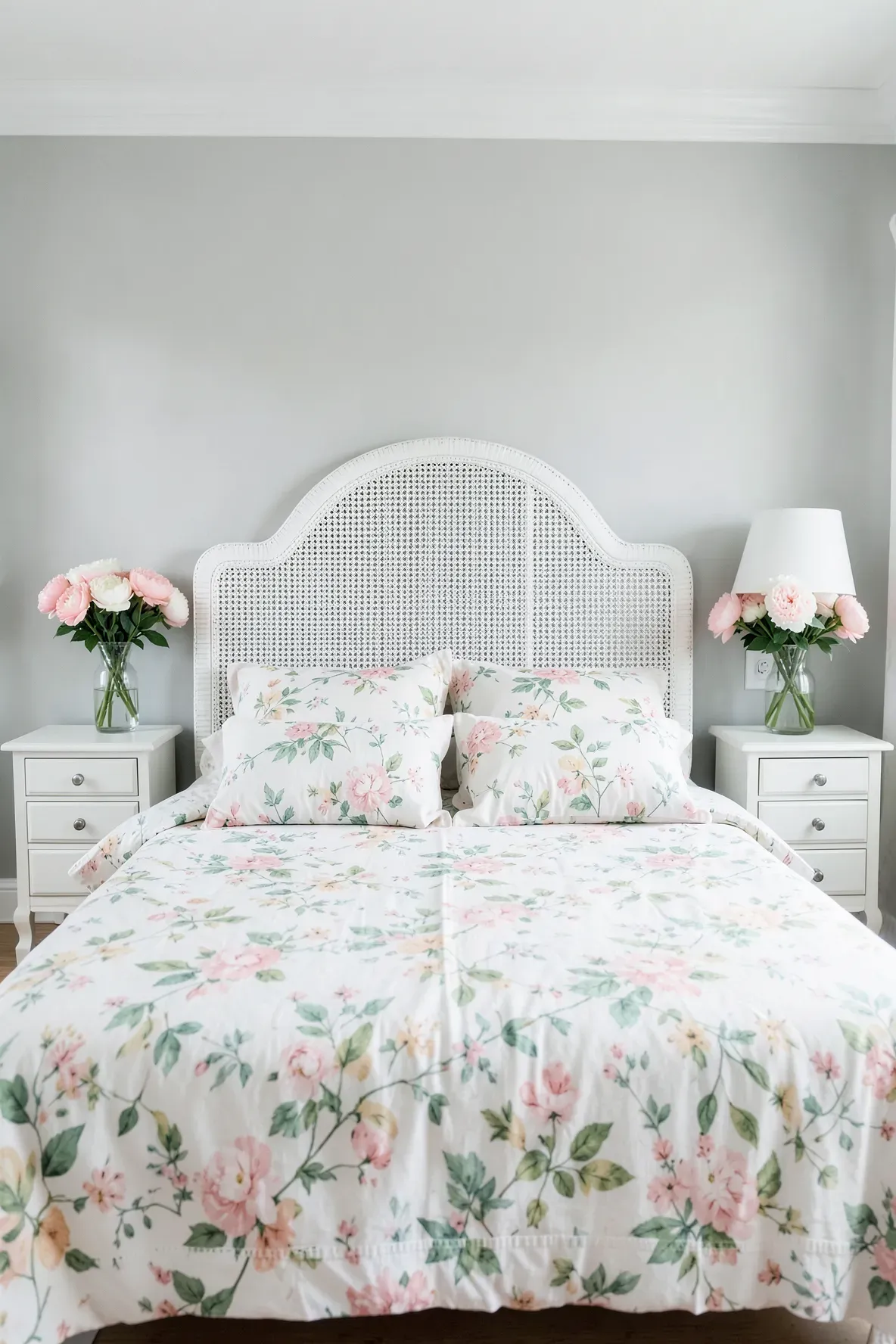 A bright bedroom with a white painted wicker headboard, floral bedding, and soft natural lighting.