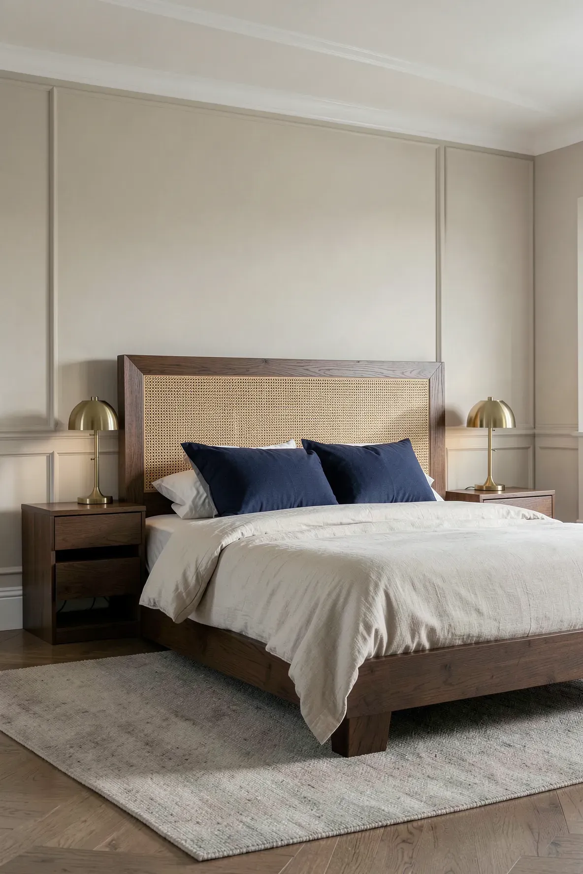 A modern bedroom featuring a square cane headboard with dark wood trim and brass lamps.