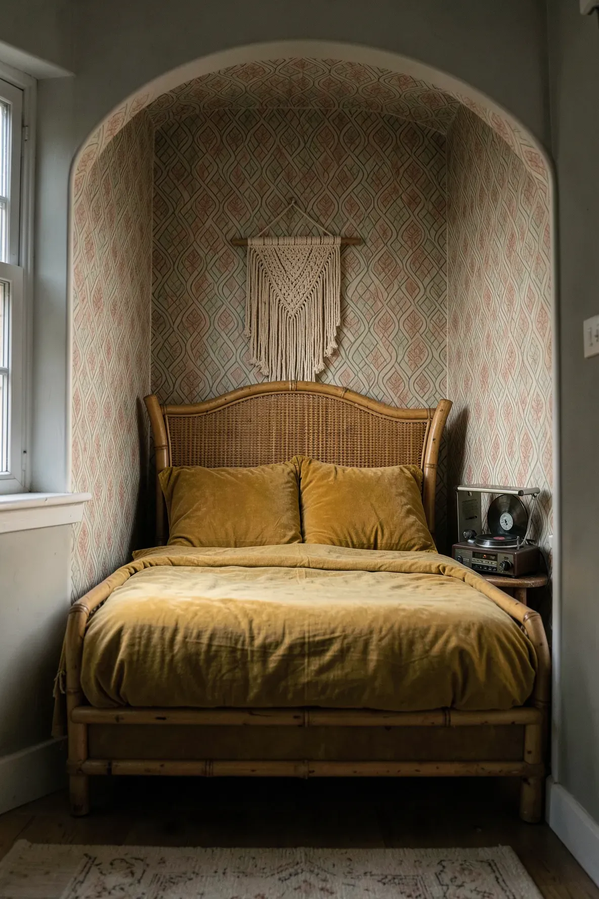 A cozy bedroom alcove featuring a 1970s style split bamboo wingback headboard and retro decor.