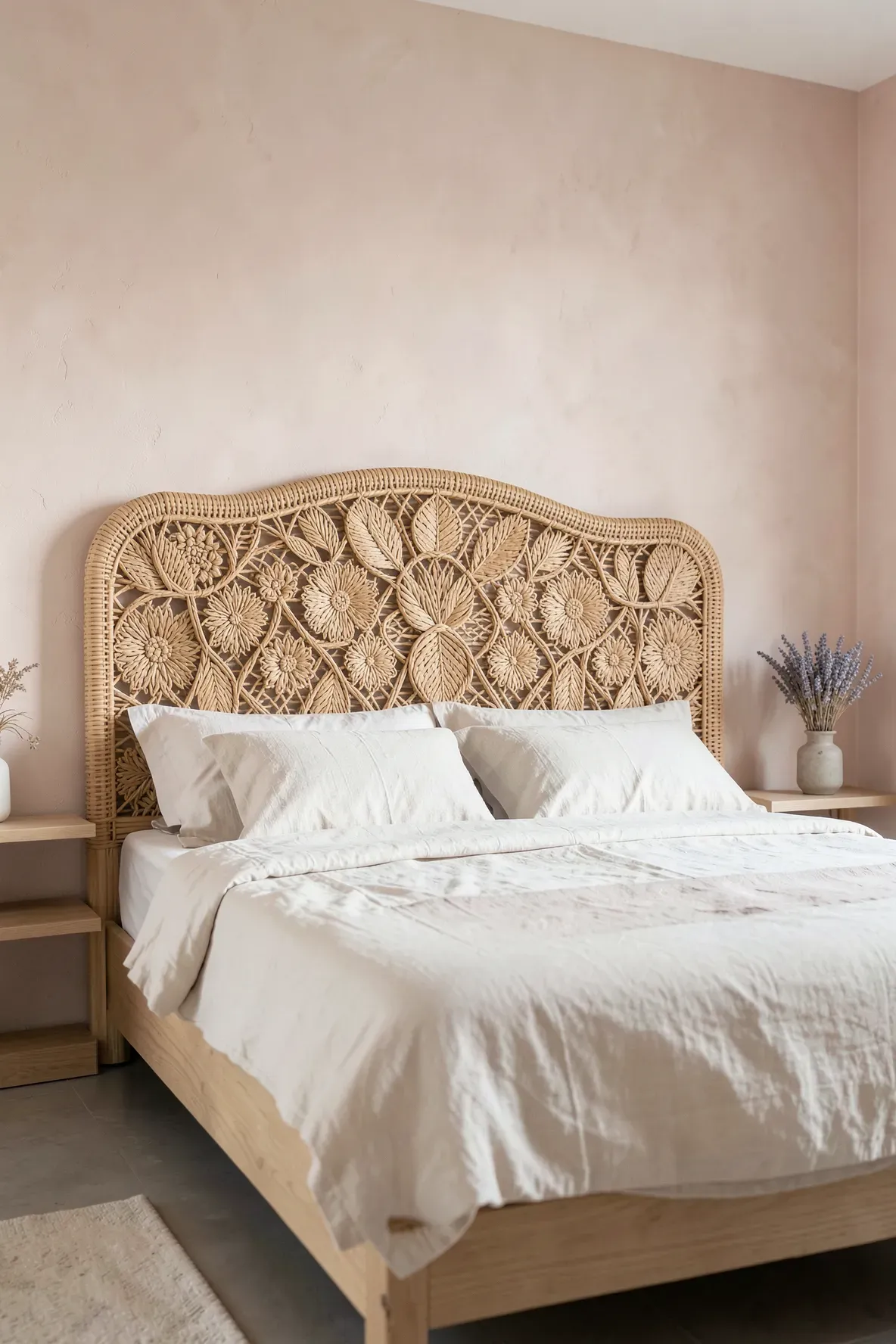 A feminine bedroom featuring a rattan headboard with intricate woven floral and leaf patterns.