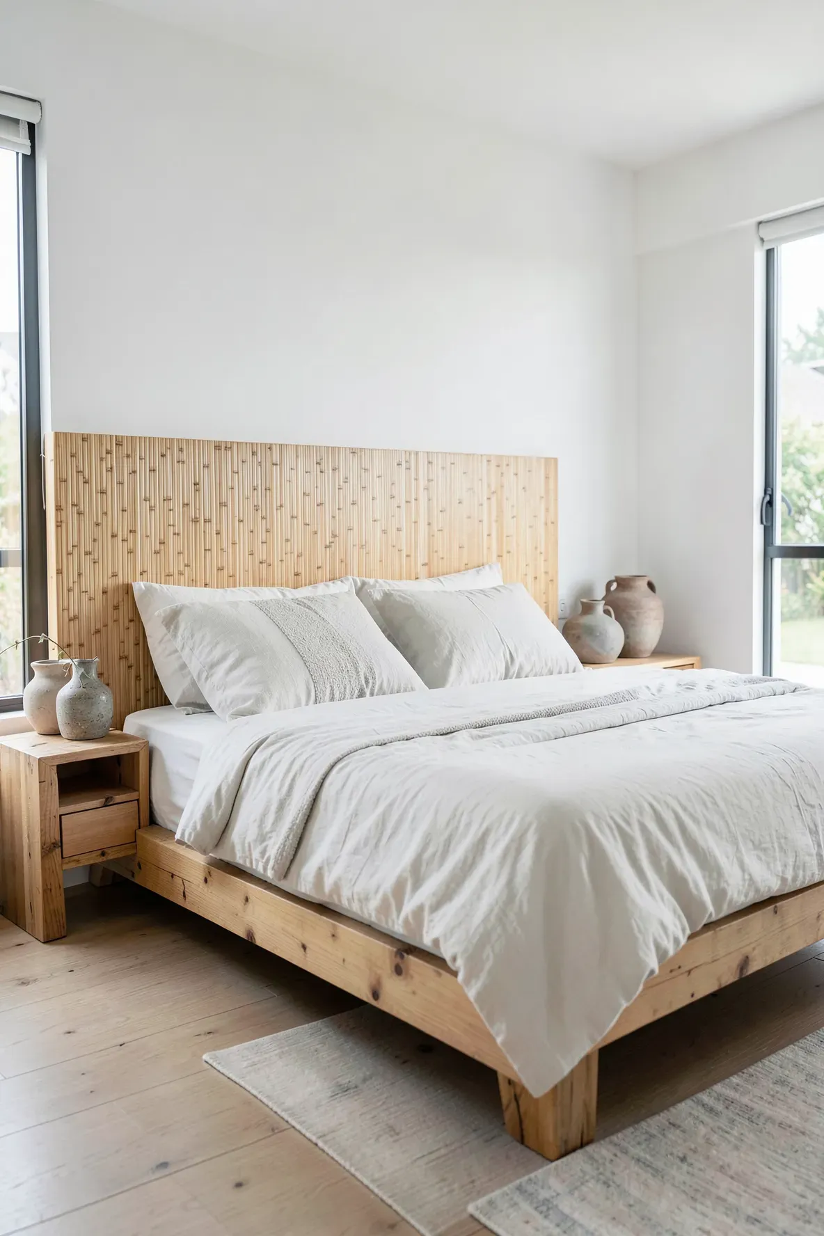 A modern bedroom featuring a DIY headboard updated with textured natural bamboo veneer.