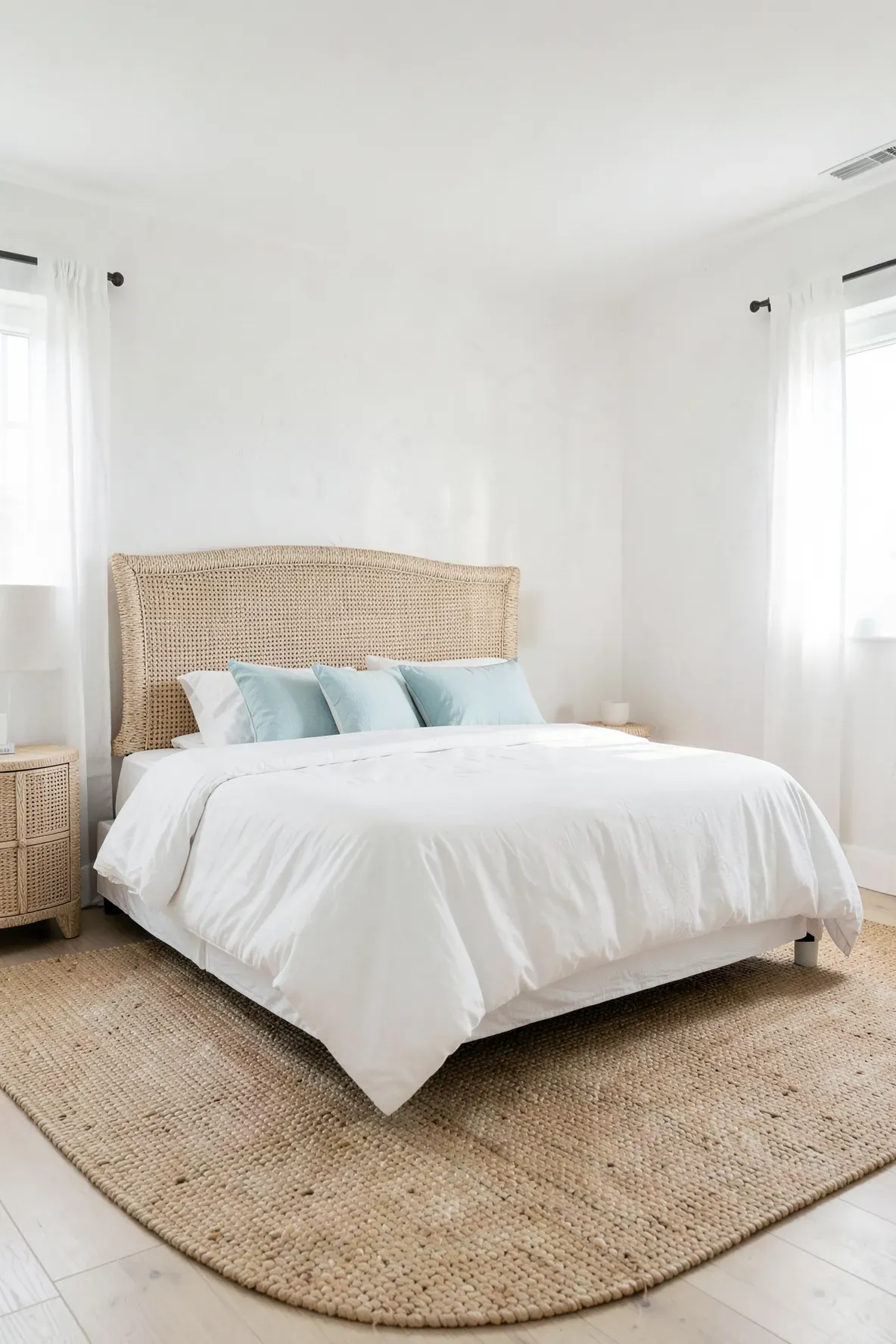 A coastal bedroom featuring a bleached wicker headboard, white linens, and light blue accents.