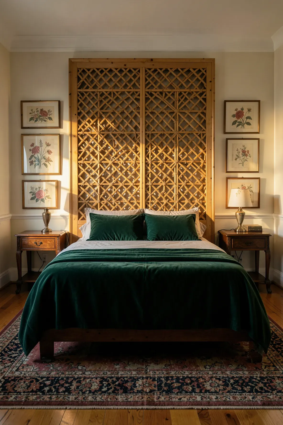 Intricate Victorian-style bamboo fretwork headboard in a sophisticated, eclectic bedroom.