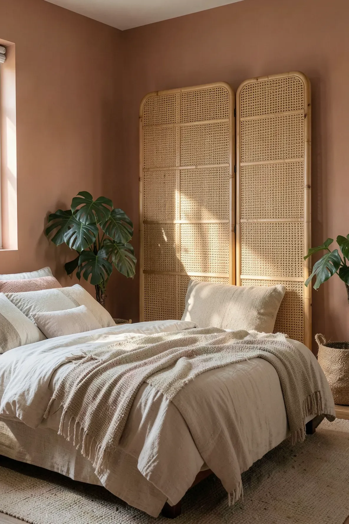 A tall rattan folding screen used as a headboard in a warm, bohemian bedroom.