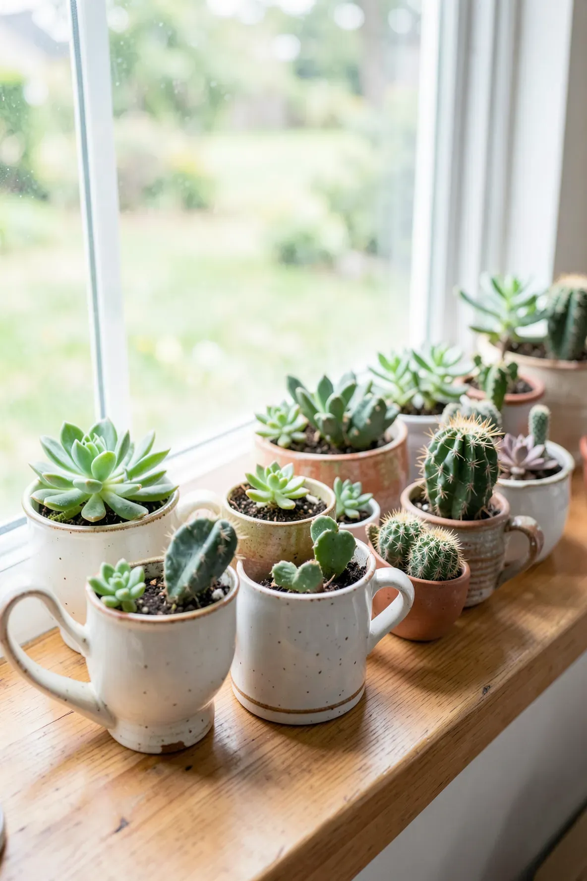 A row of colorful teacups used as planters for succulents on a bright wooden windowsill.