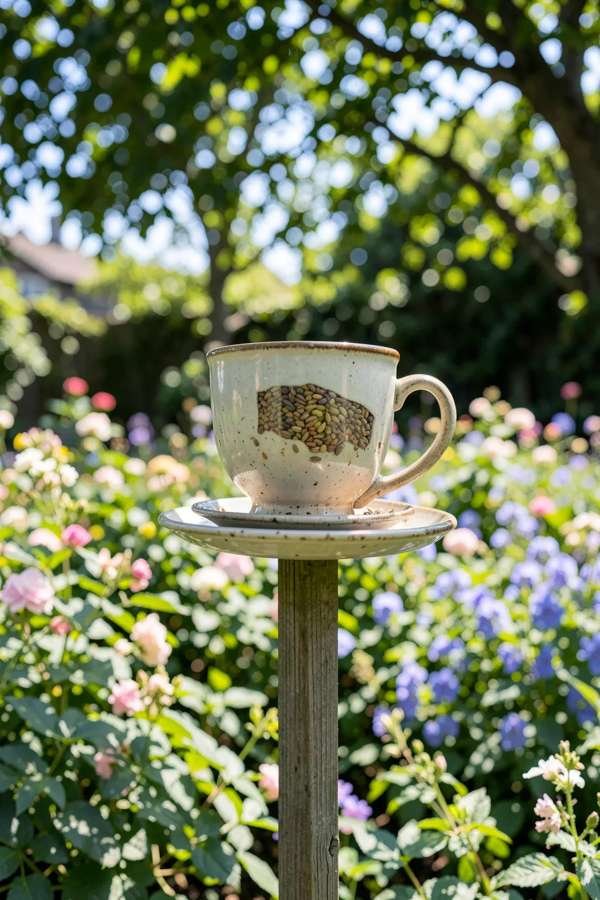 A vintage teacup bird feeder mounted on a wooden stake in a sunny, flower-filled garden.