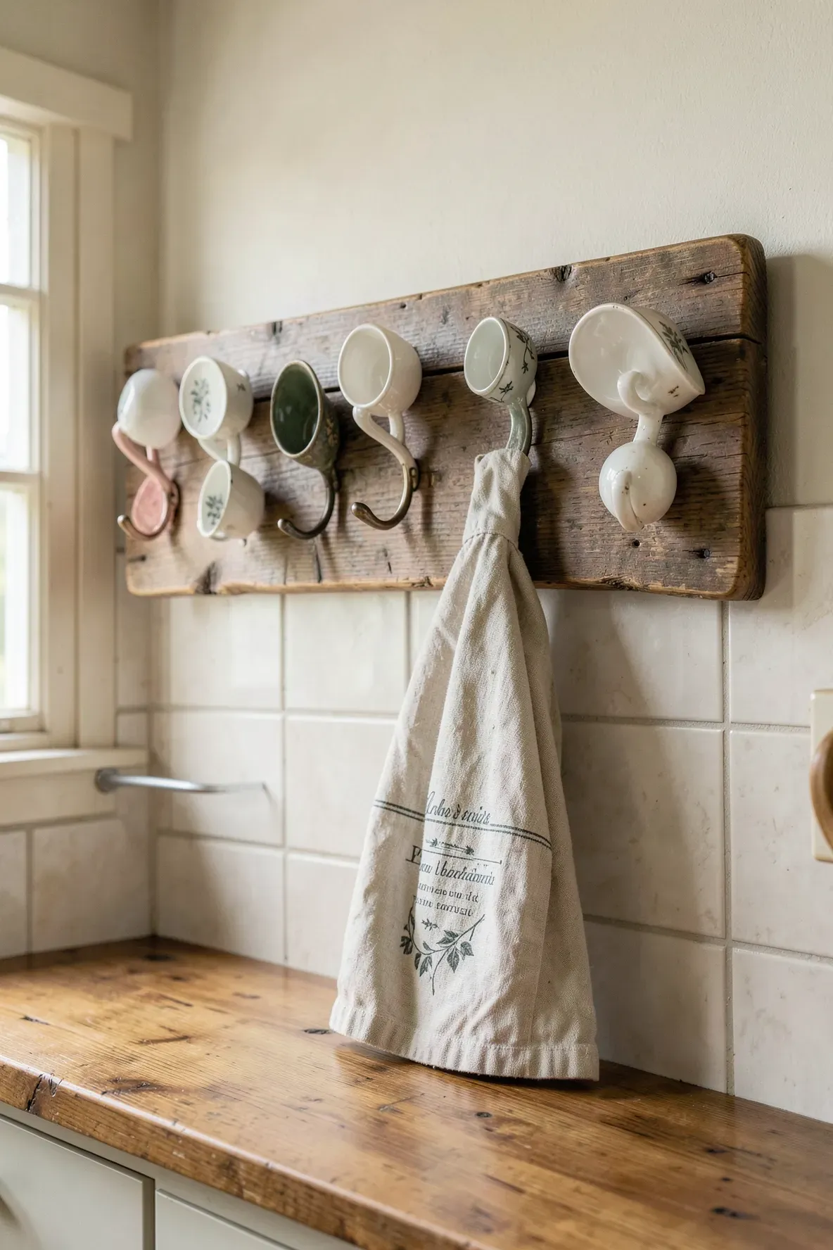 Creative wall hooks made from vintage teacup handles mounted on a rustic wooden board.