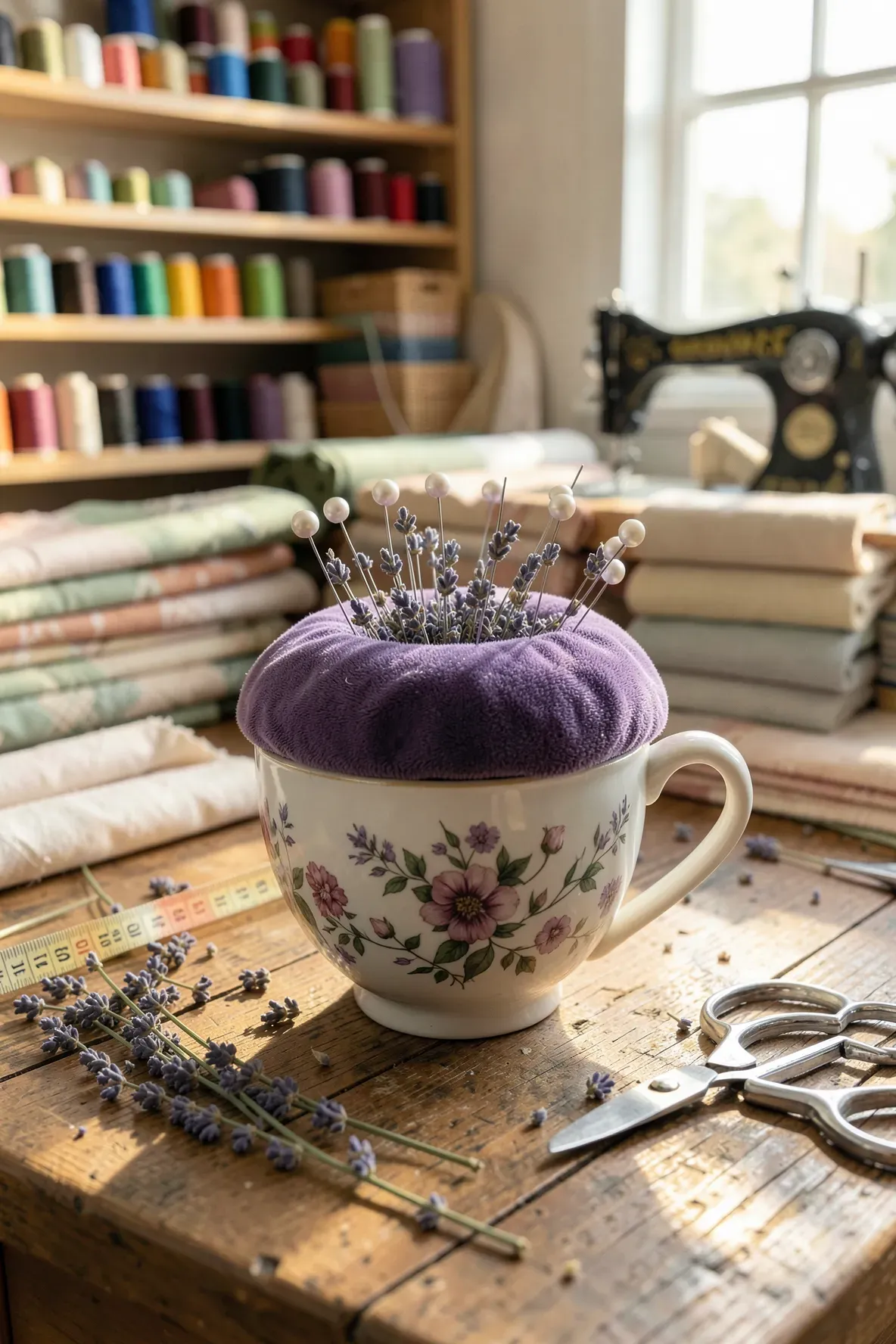 A vintage floral teacup converted into a purple velvet pin cushion on a rustic wooden sewing table.