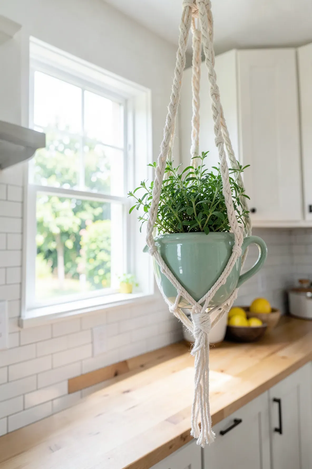 A green teacup with a small herb plant hanging in a white macrame holder in a bright kitchen.