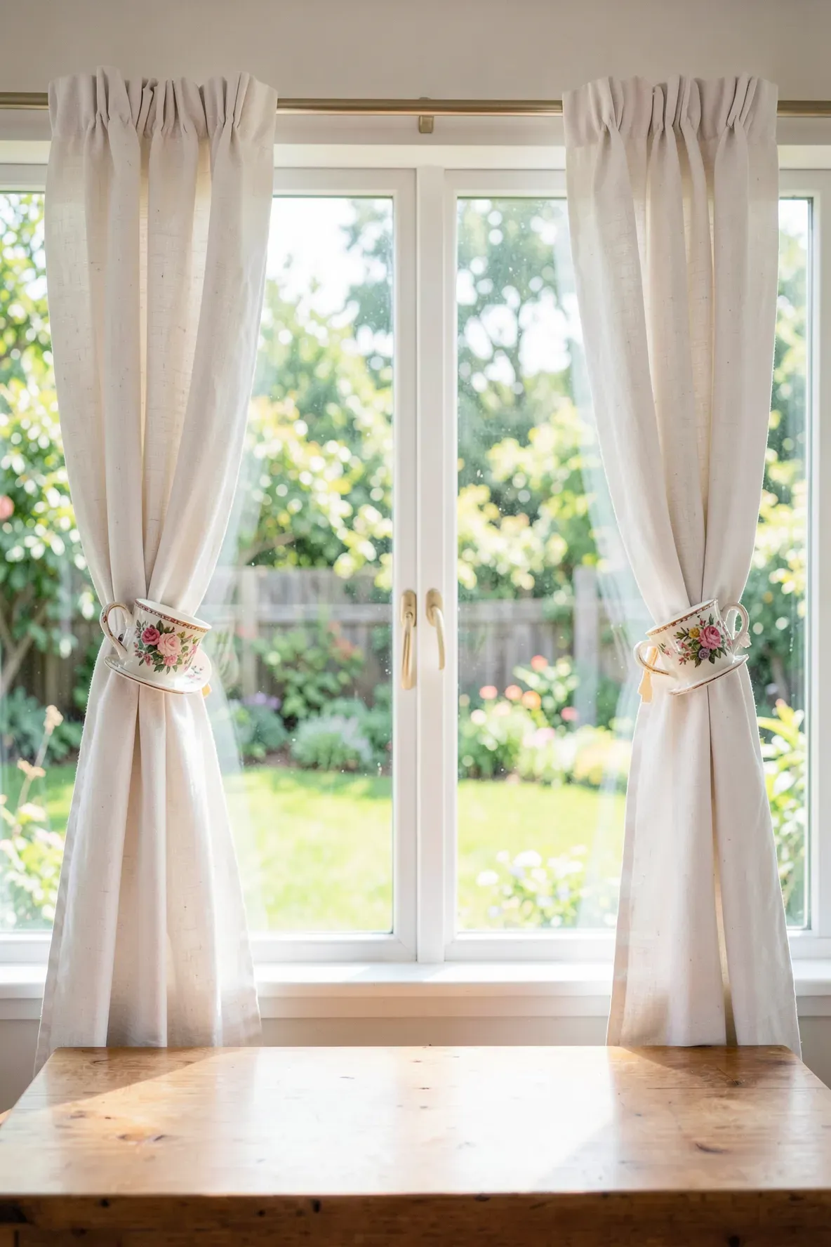 Vintage floral teacups used as decorative tie-backs for white curtains in a sunlit room.