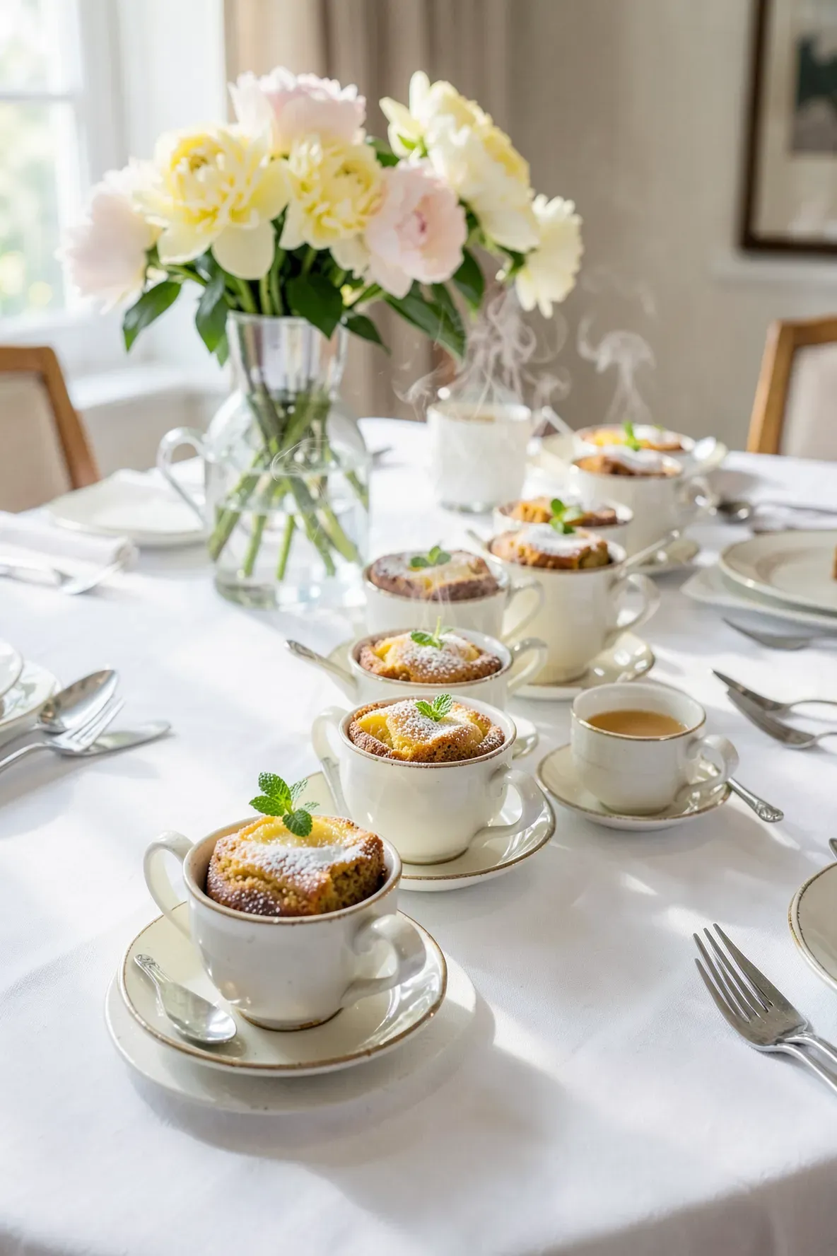 Individual lemon cakes baked inside colorful vintage teacups on an elegant brunch table.