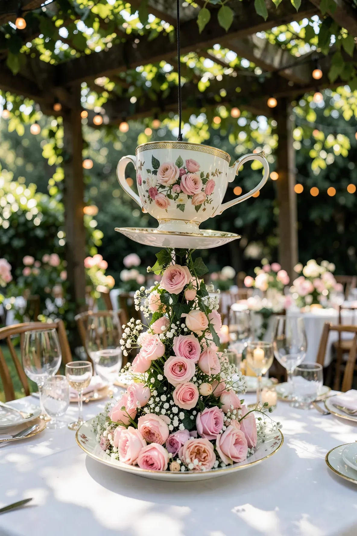 A magical floral arrangement where a teacup floats in mid-air pouring flowers into a saucer.