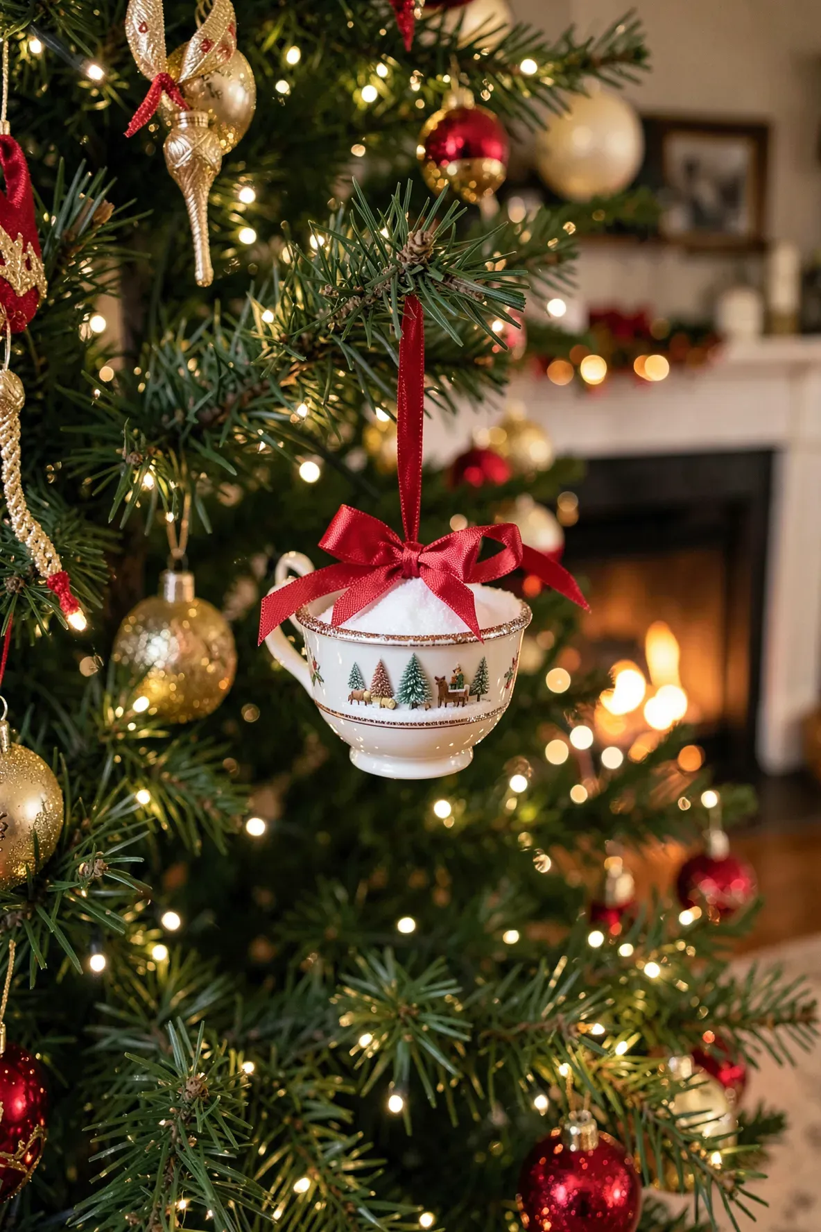 A miniature teacup ornament with a red ribbon and tiny tree hanging on a Christmas tree.