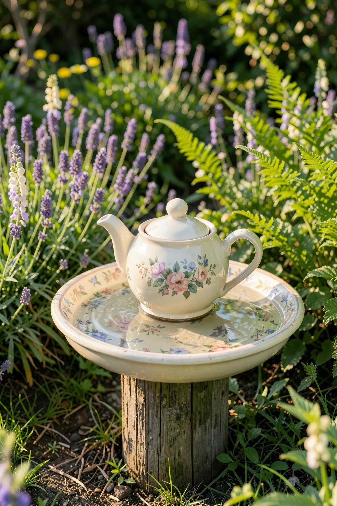 A vintage floral teapot and saucer repurposed as a bird bath on a wooden post in a sunny garden.