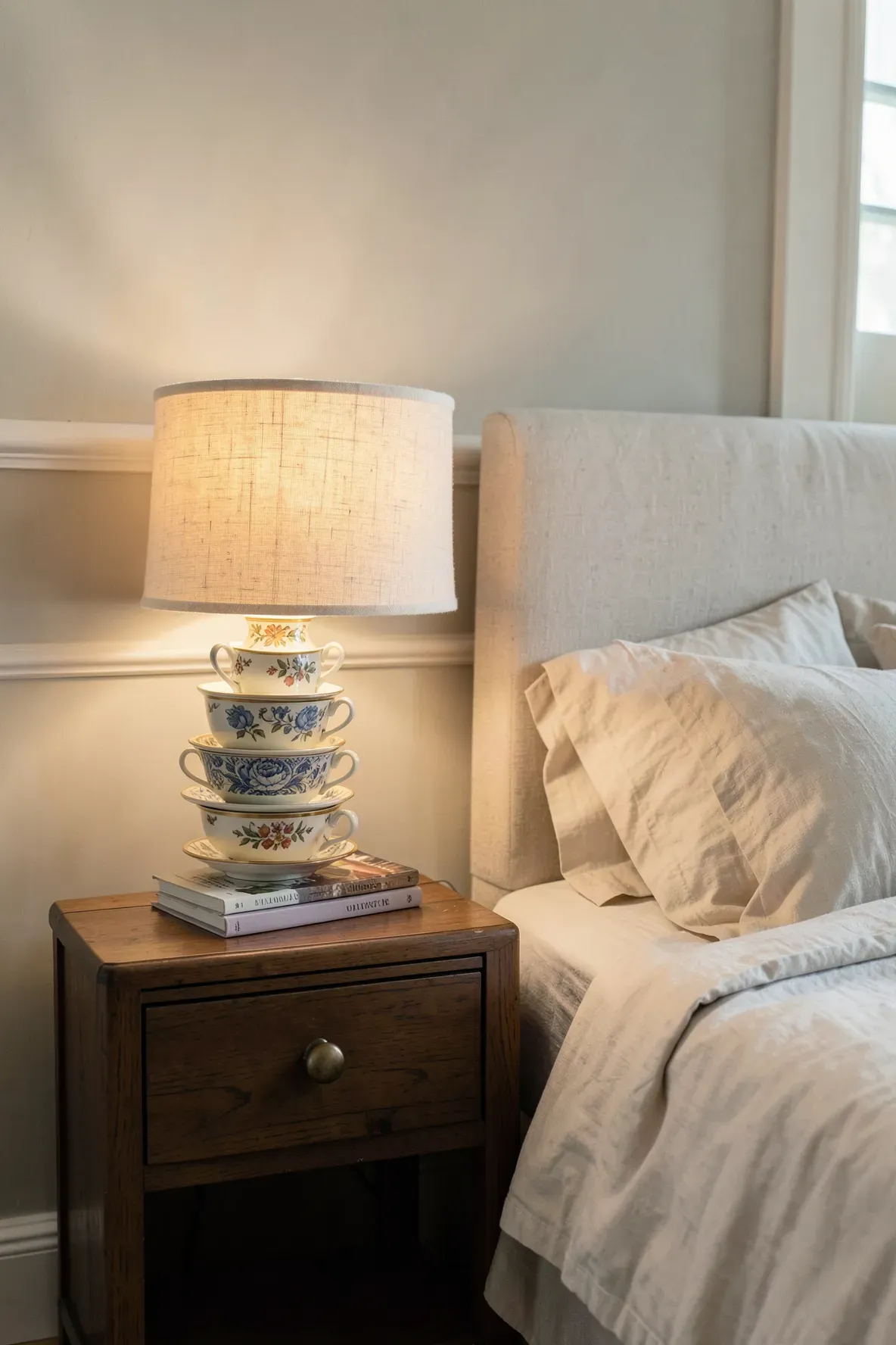 A creative lamp base made of stacked vintage teacups on a wooden nightstand in a cozy bedroom.