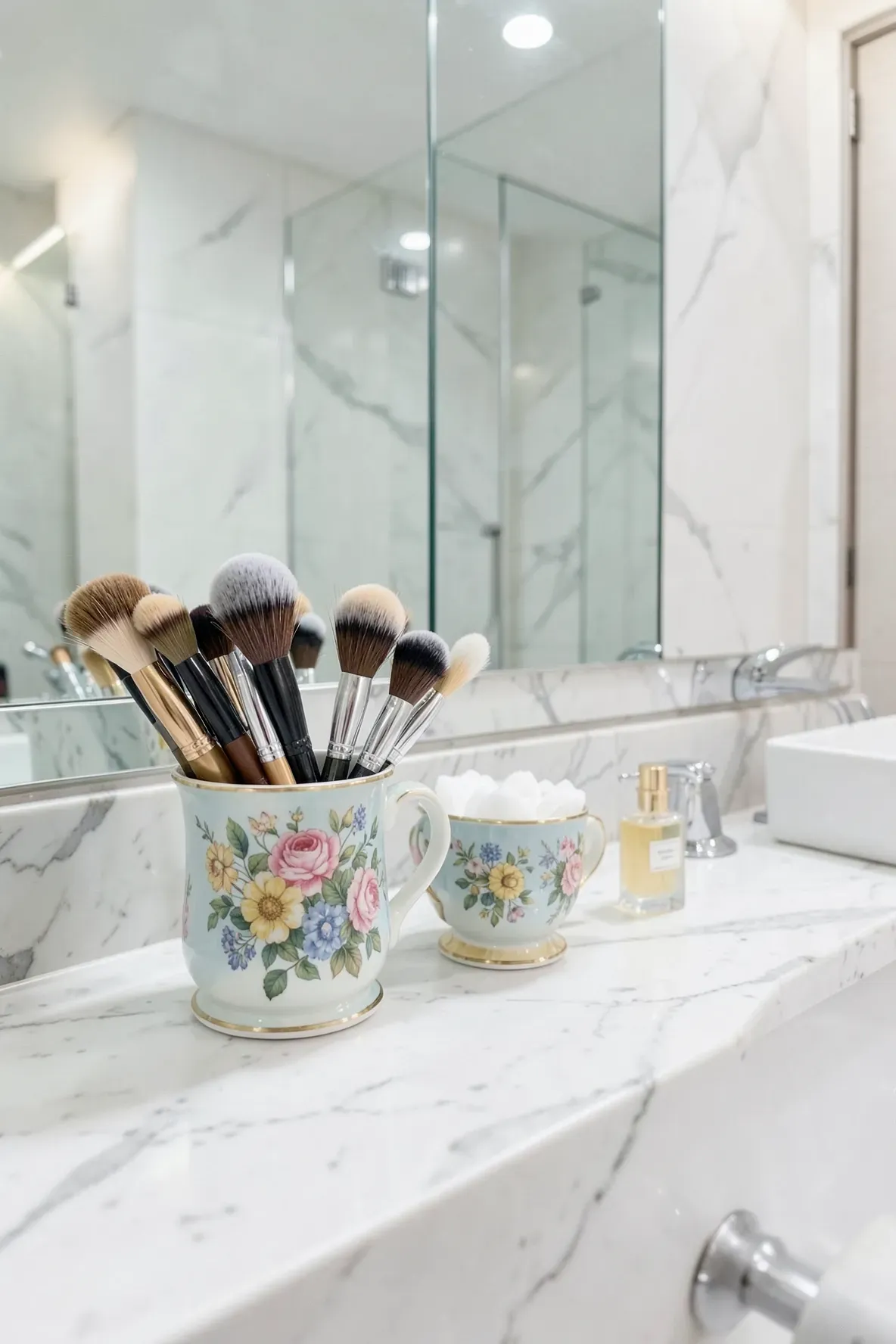 Vintage teacups used to organize makeup brushes and cotton swabs on a marble bathroom vanity.