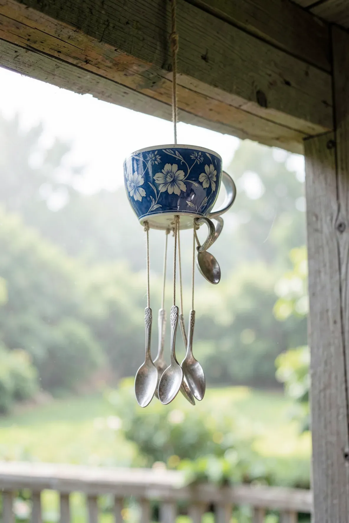 A DIY wind chime made from an upside-down blue and white teacup and vintage silver spoons.