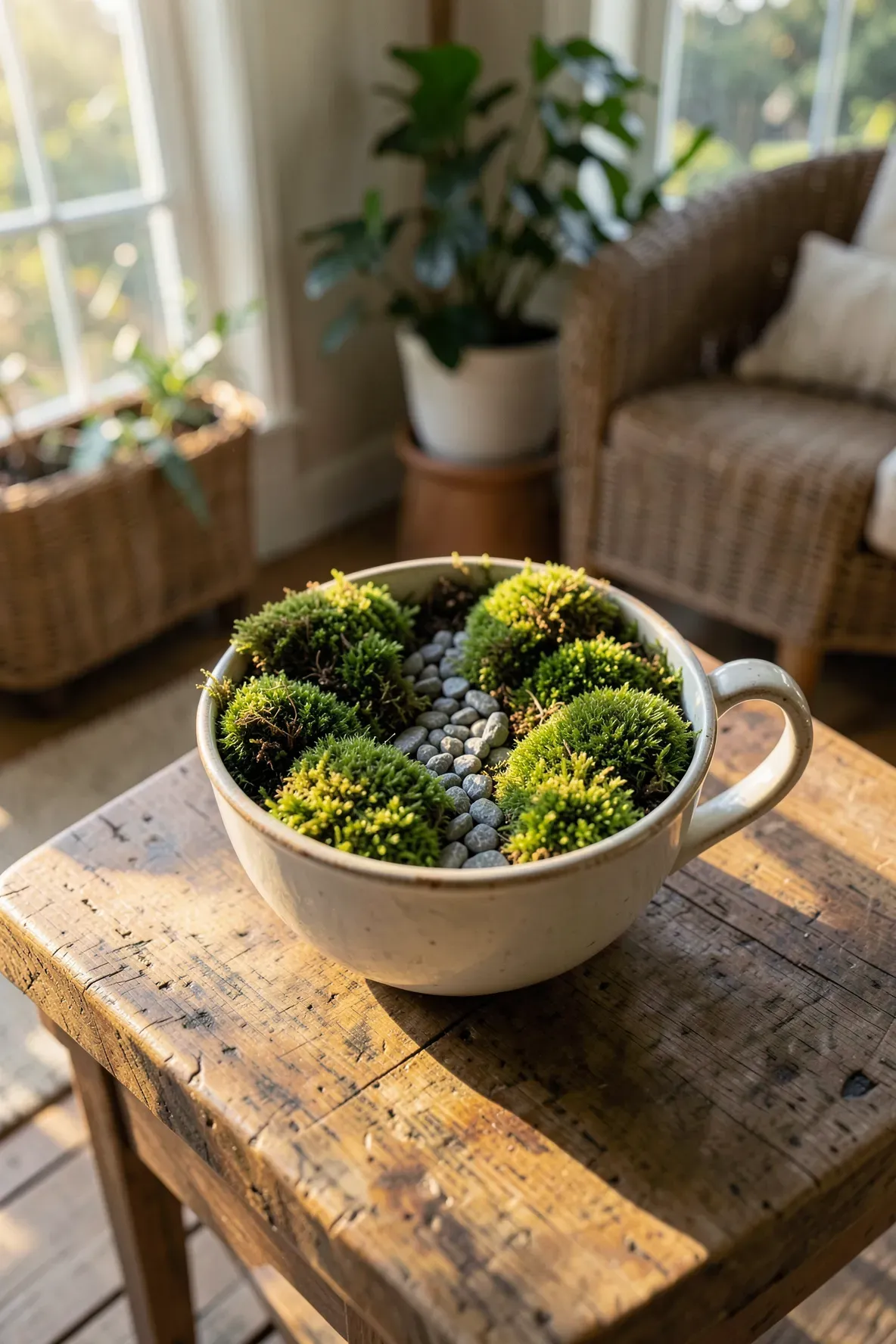 A vintage teacup filled with lush green moss and a tiny winding pebble path on a wooden table.