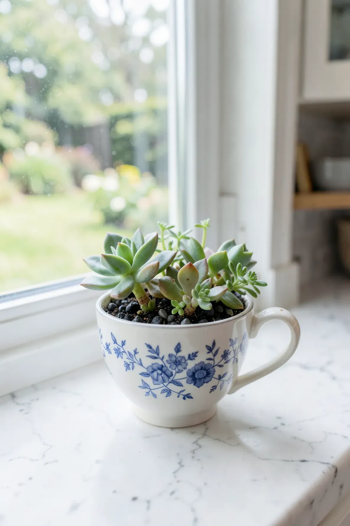 Three small succulent varieties planted inside a vintage floral teacup on a marble windowsill.
