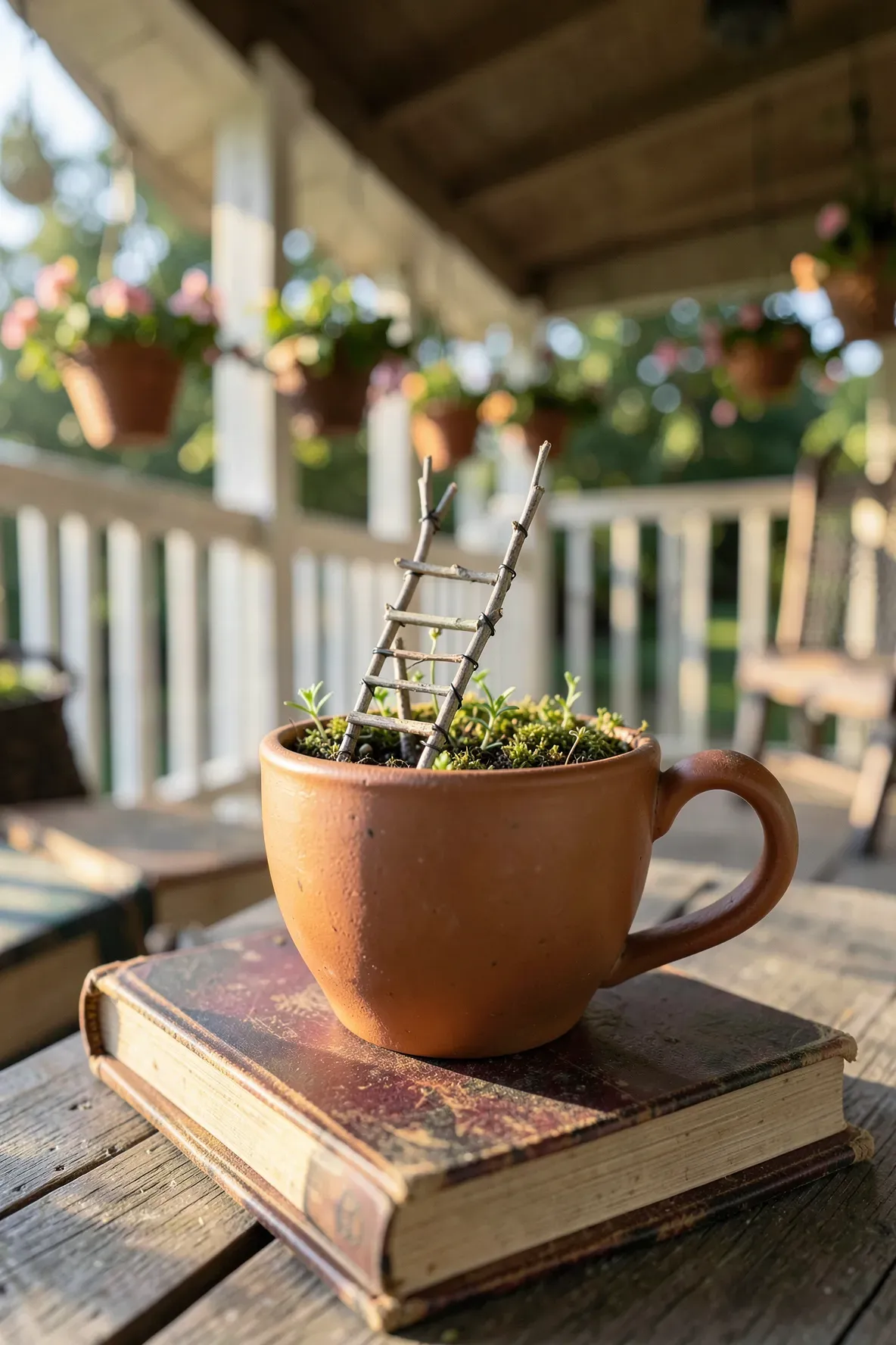 A miniature wooden ladder made of twigs leaning against the edge of a teacup garden.