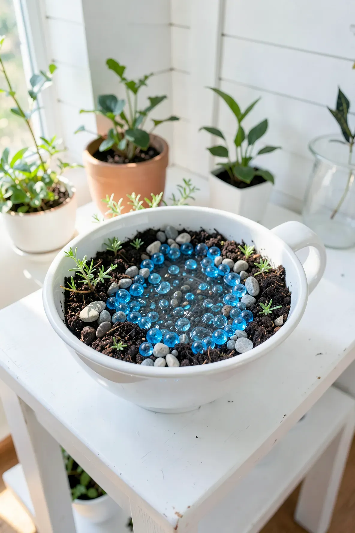 A teacup garden with a miniature river of blue glass beads and tiny grey stones.