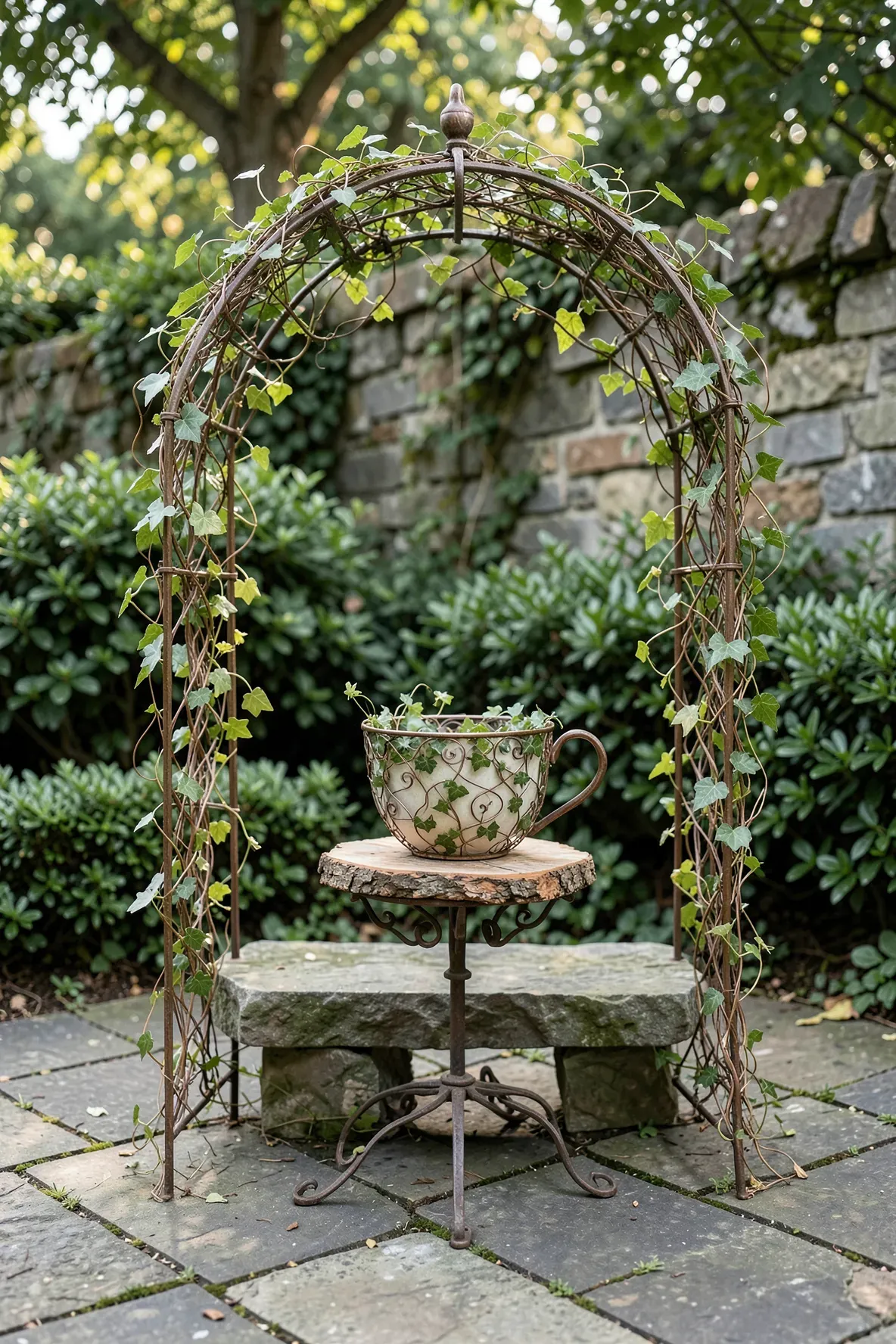 A tiny wire archway with climbing vines over a bark bench inside a teacup garden.