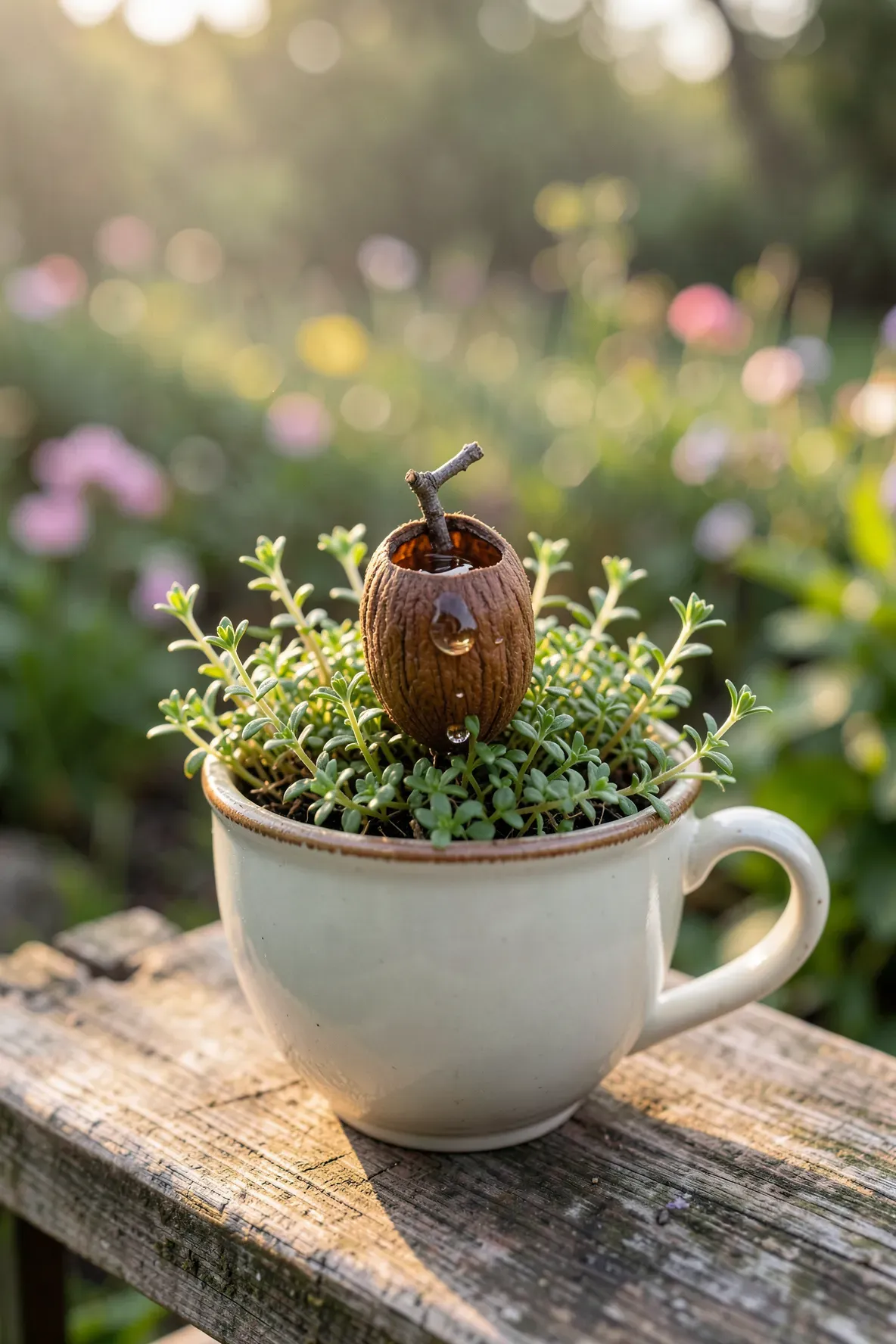 A tiny birdbath made from an acorn cap nestled in creeping thyme inside a teacup.