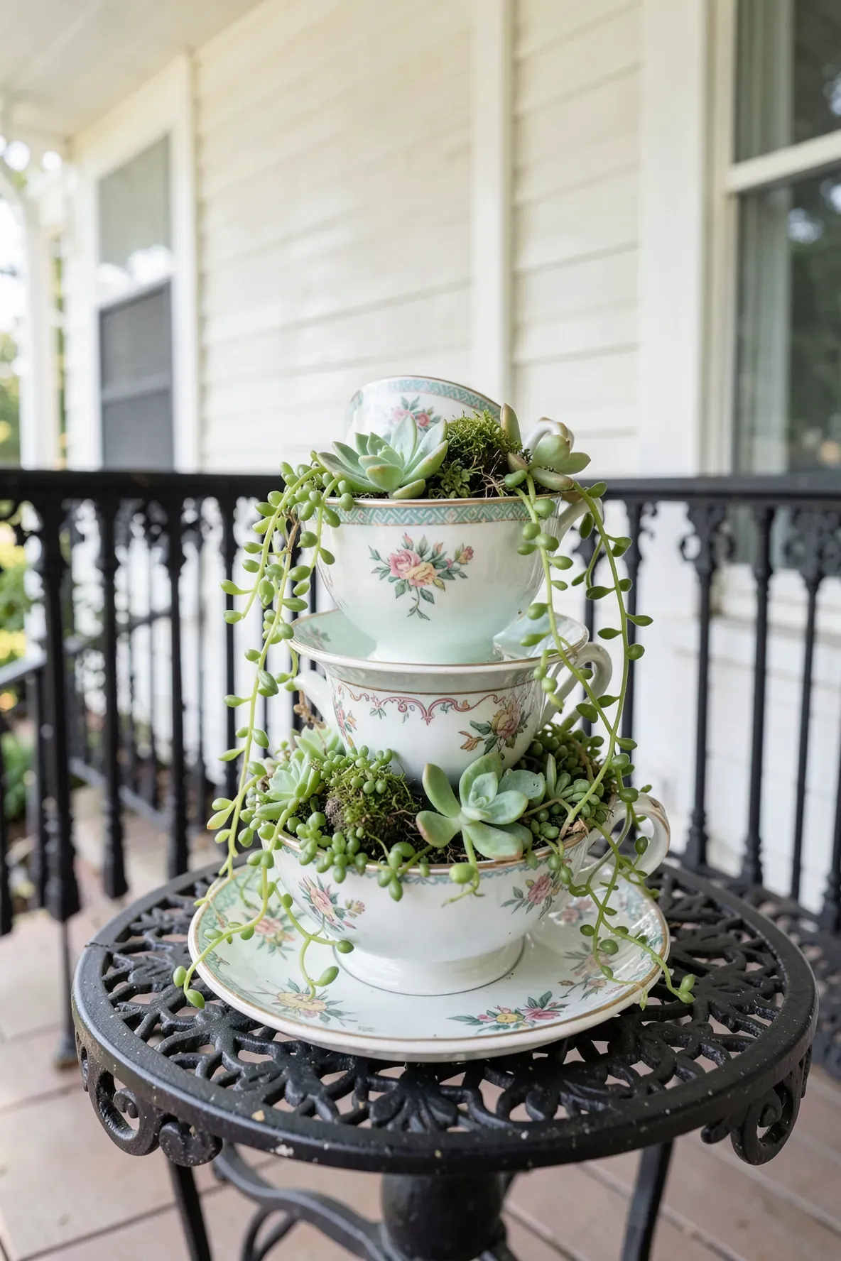 A stacked teacup and saucer fairy garden with trailing succulents on a porch table.