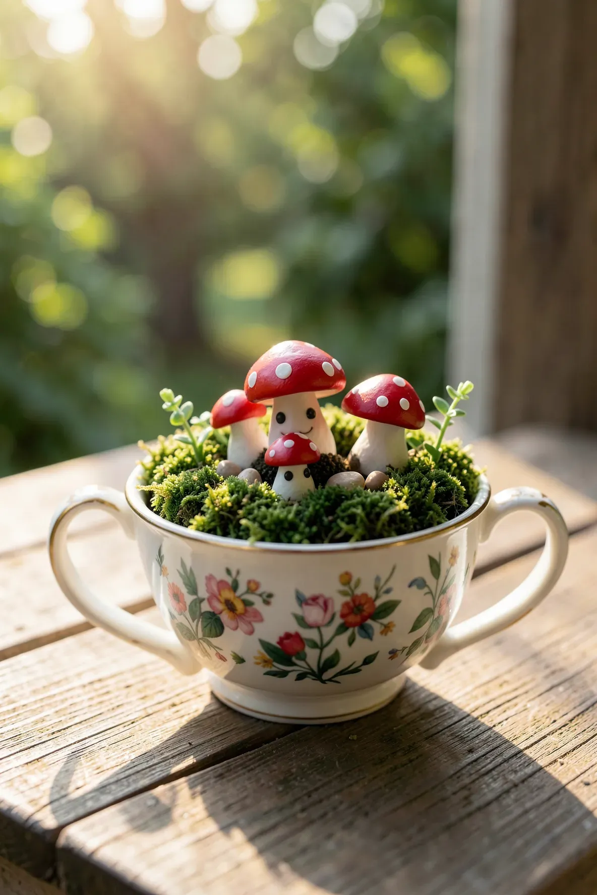 A floral teacup on a porch containing tiny red and white clay mushrooms in green moss.