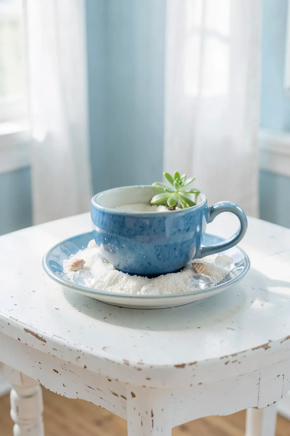 A blue teacup filled with white sand, tiny seashells, and a small air plant on a white table.