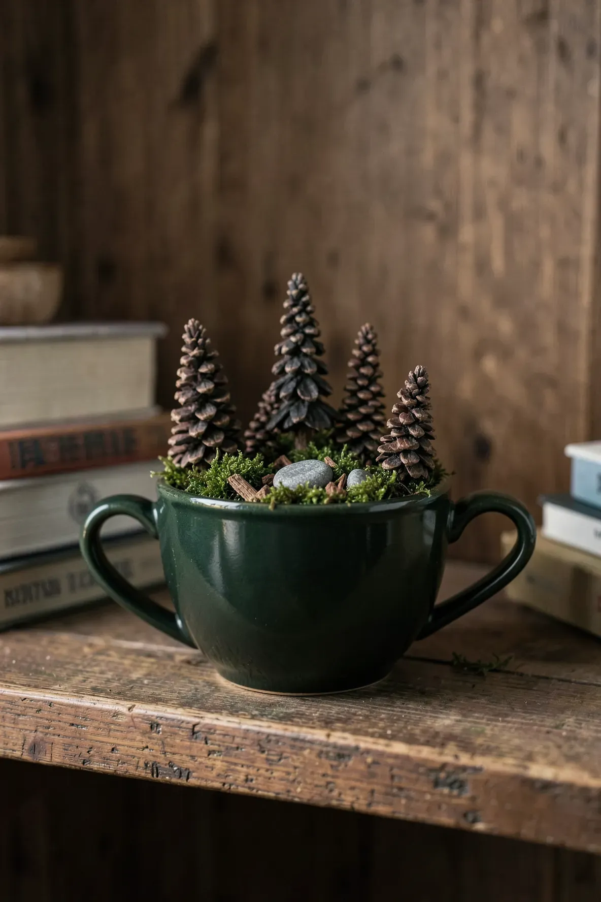A dark green teacup containing small pinecone trees and moss on a wooden shelf.