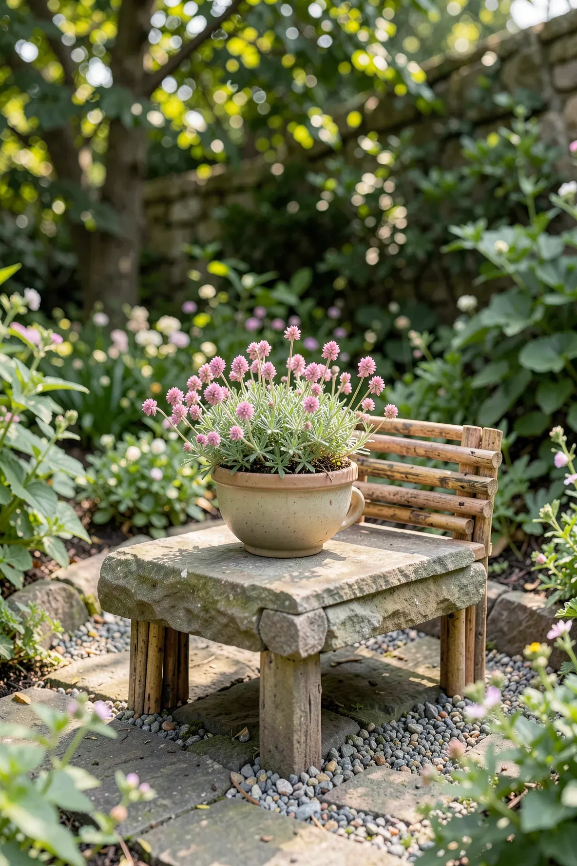 A miniature wooden bench next to pink flowers inside a vintage teacup on a patio.