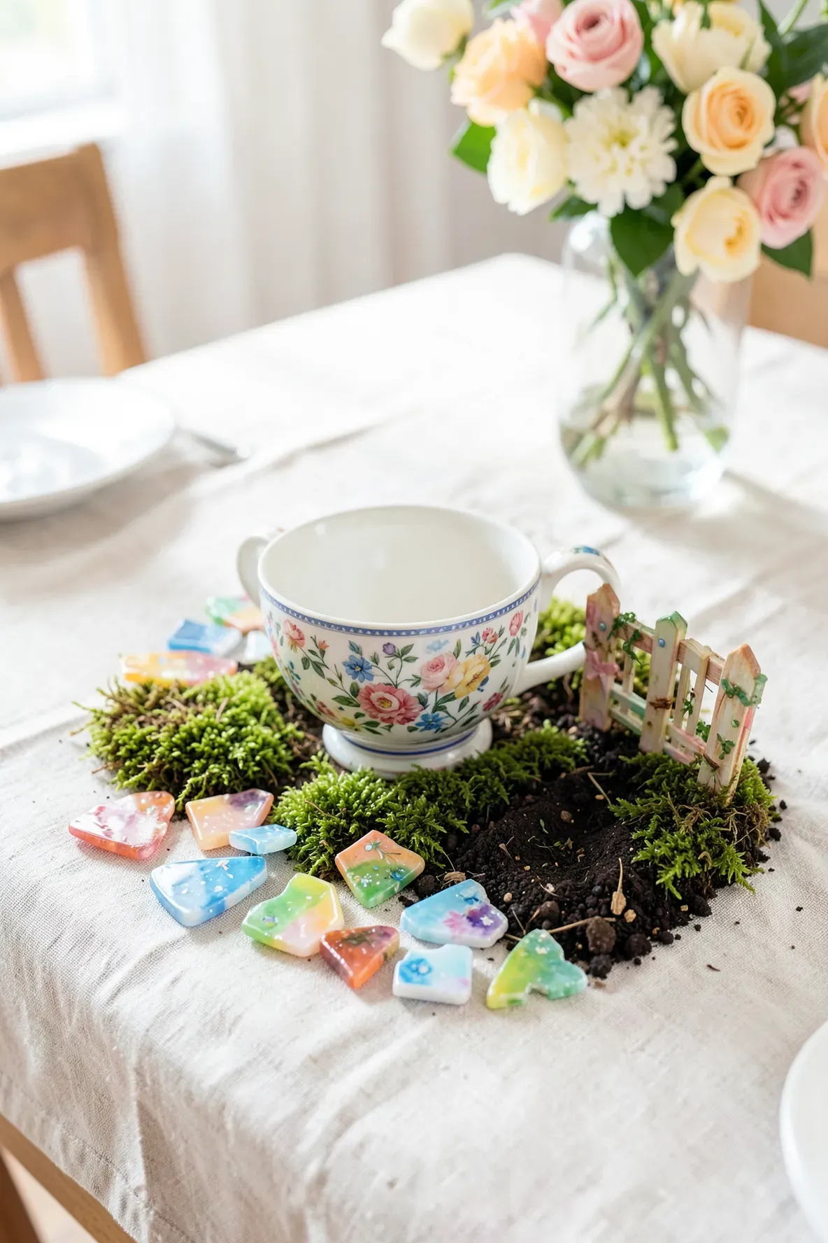 A teacup garden featuring colorful porcelain shards as a path through green moss.