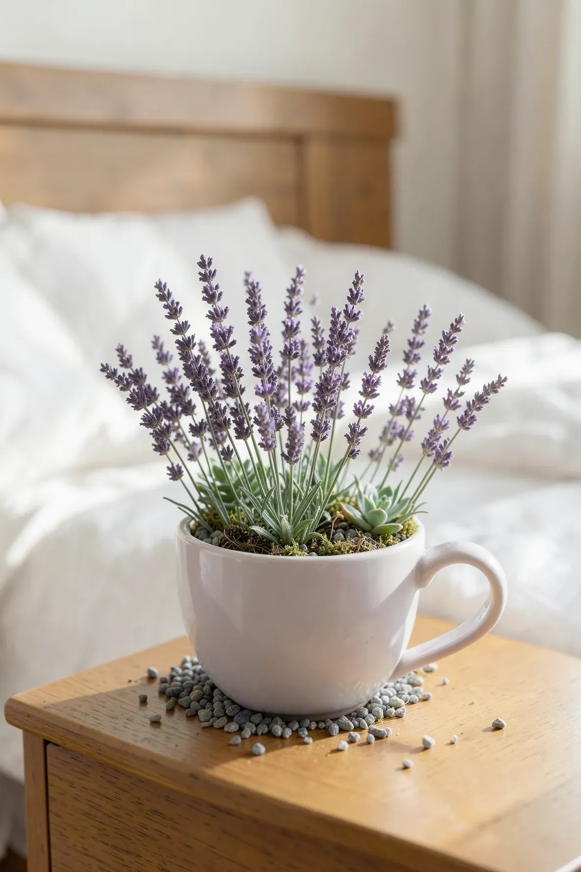 A purple teacup with dried lavender sprigs arranged like trees among small plants.