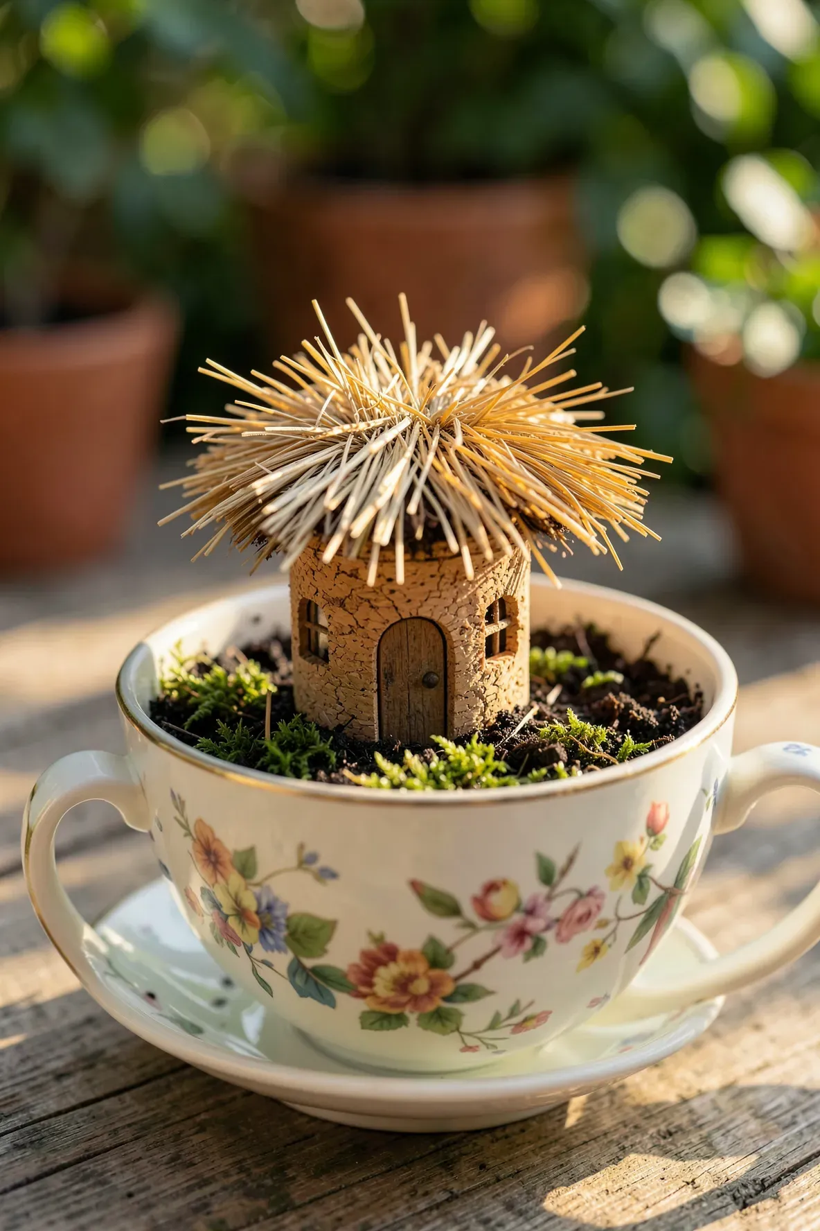 A tiny house made from a wine cork with a grass roof sitting inside a floral teacup garden.