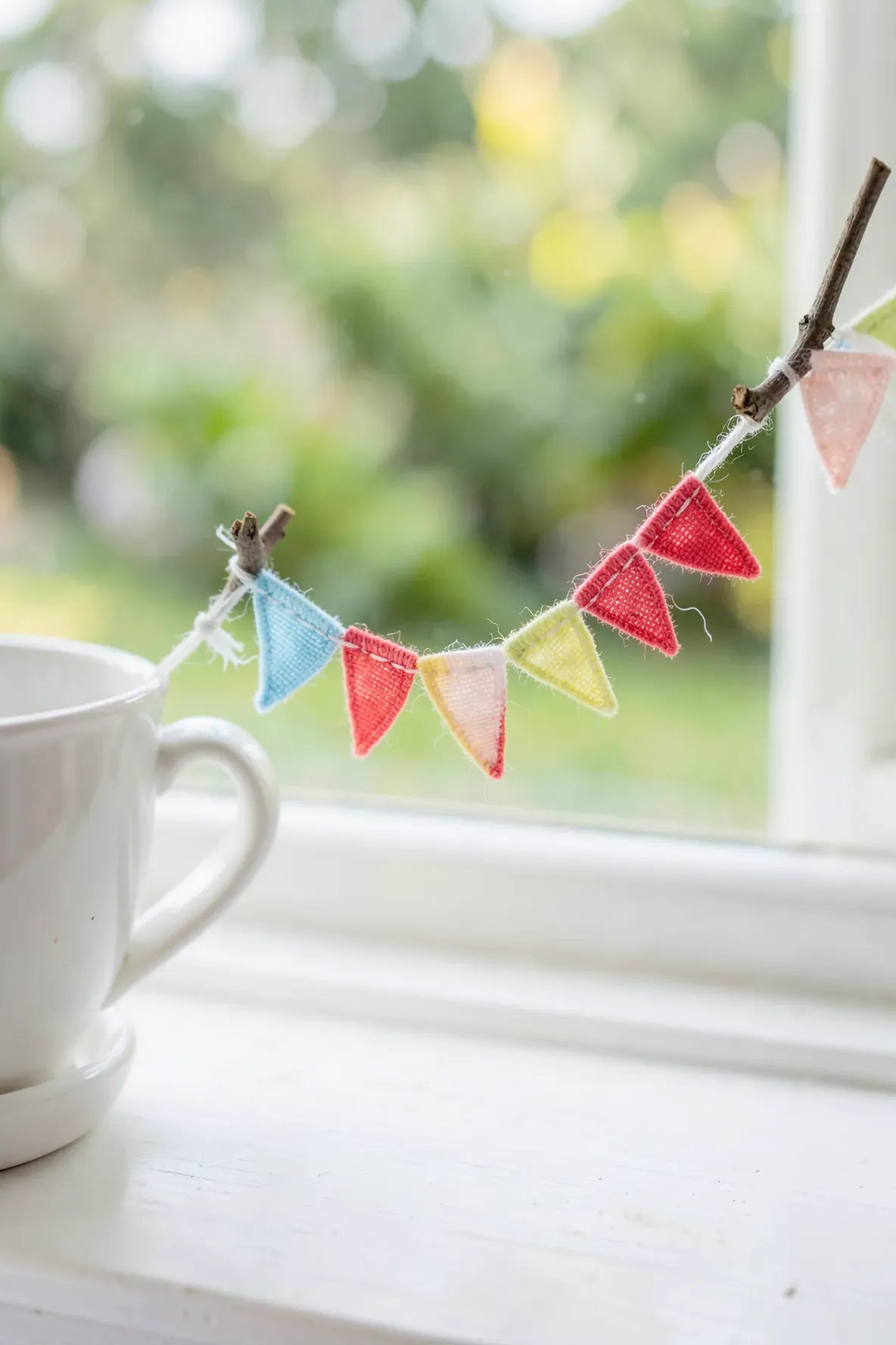 Colorful tiny bunting flags strung across the handle of a teacup fairy garden.