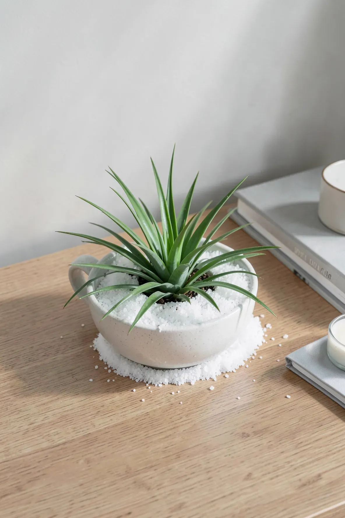 A green air plant sitting in white sand inside a modern white teacup on a wooden desk.