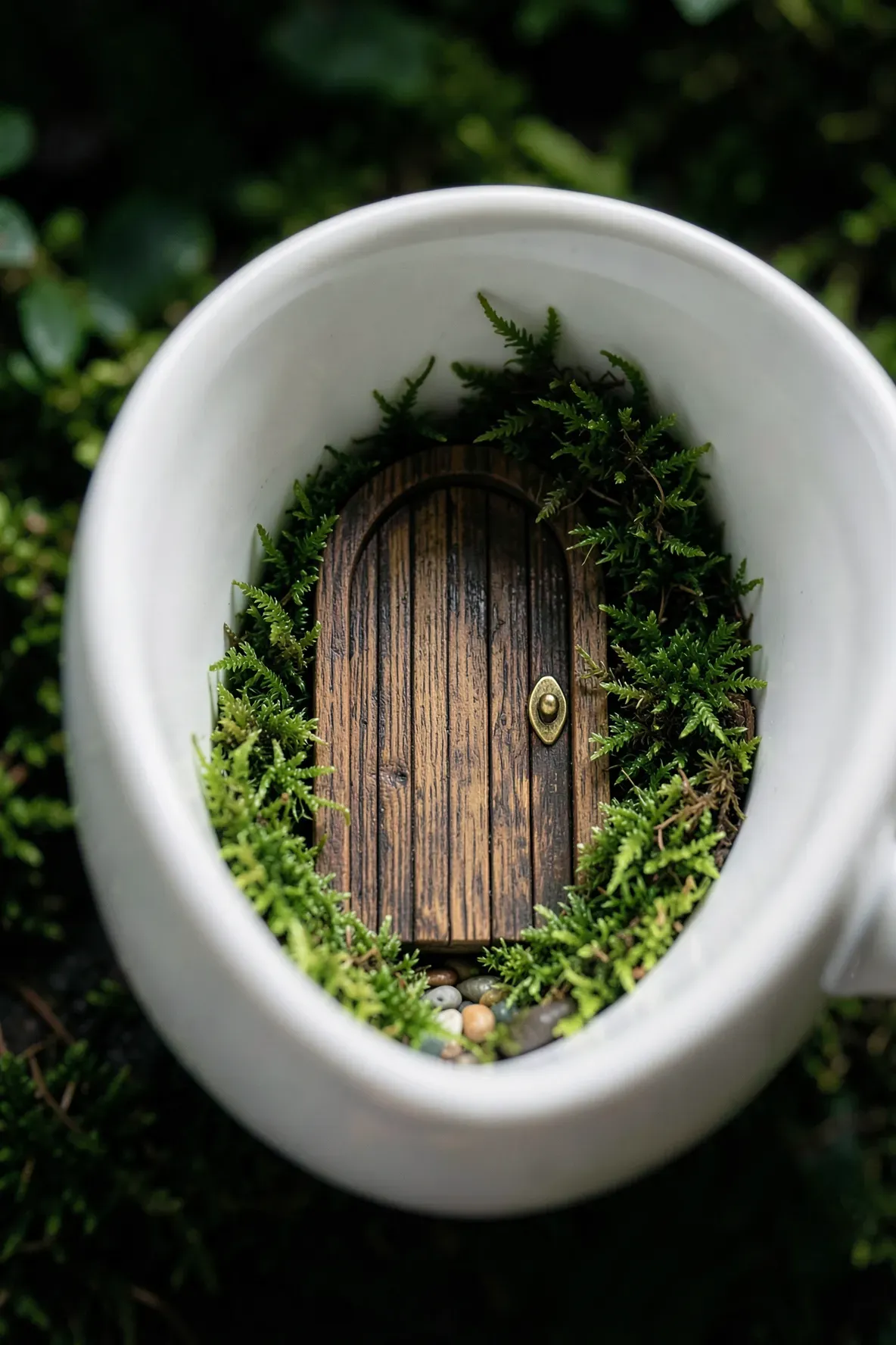 A tiny wooden door attached to the inside of a teacup surrounded by green moss.