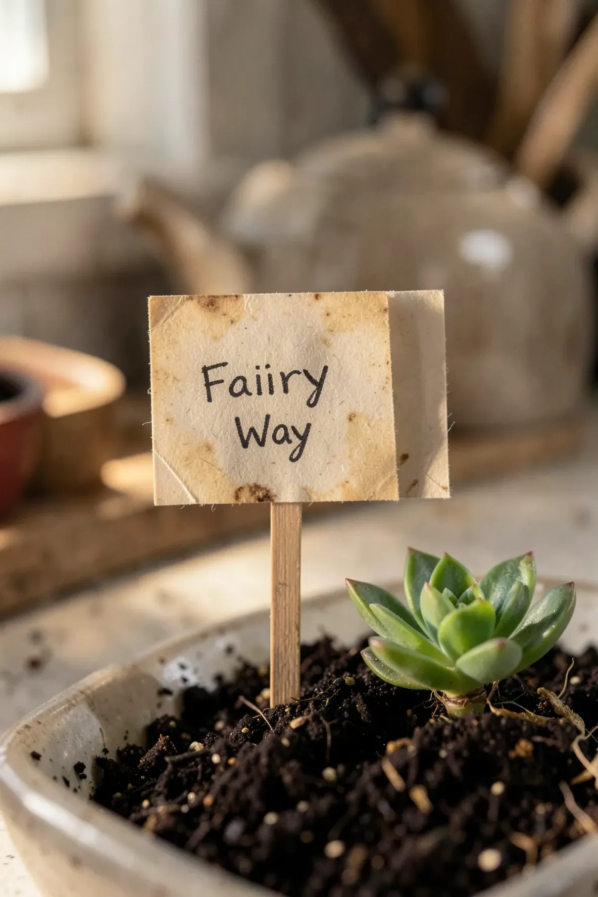 A tiny garden sign made from a tea bag label on a toothpick inside a teacup garden.