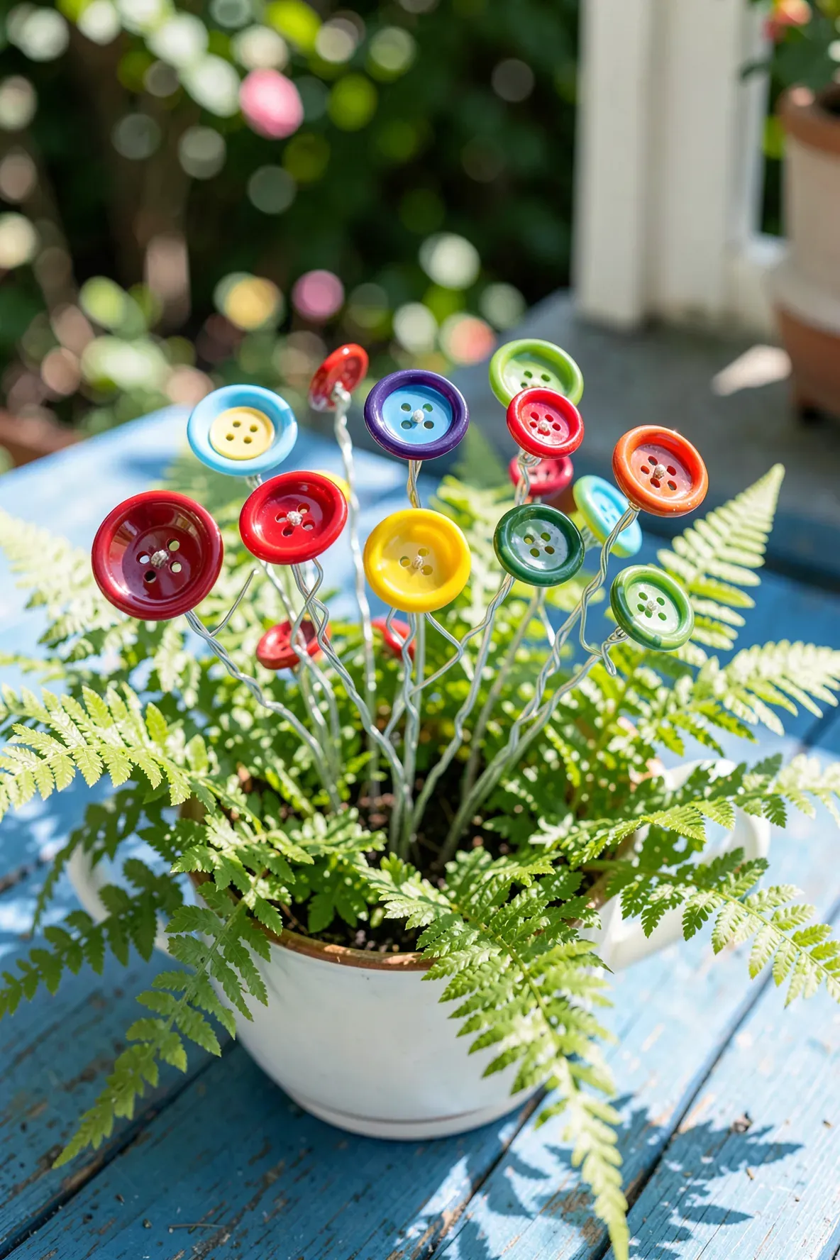 Colorful buttons on wire stems acting as flowers among real green plants in a teacup.