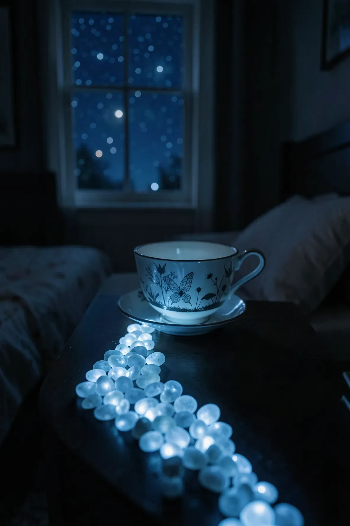 A teacup fairy garden at night with a glowing blue pebble path and dark silhouettes of plants.