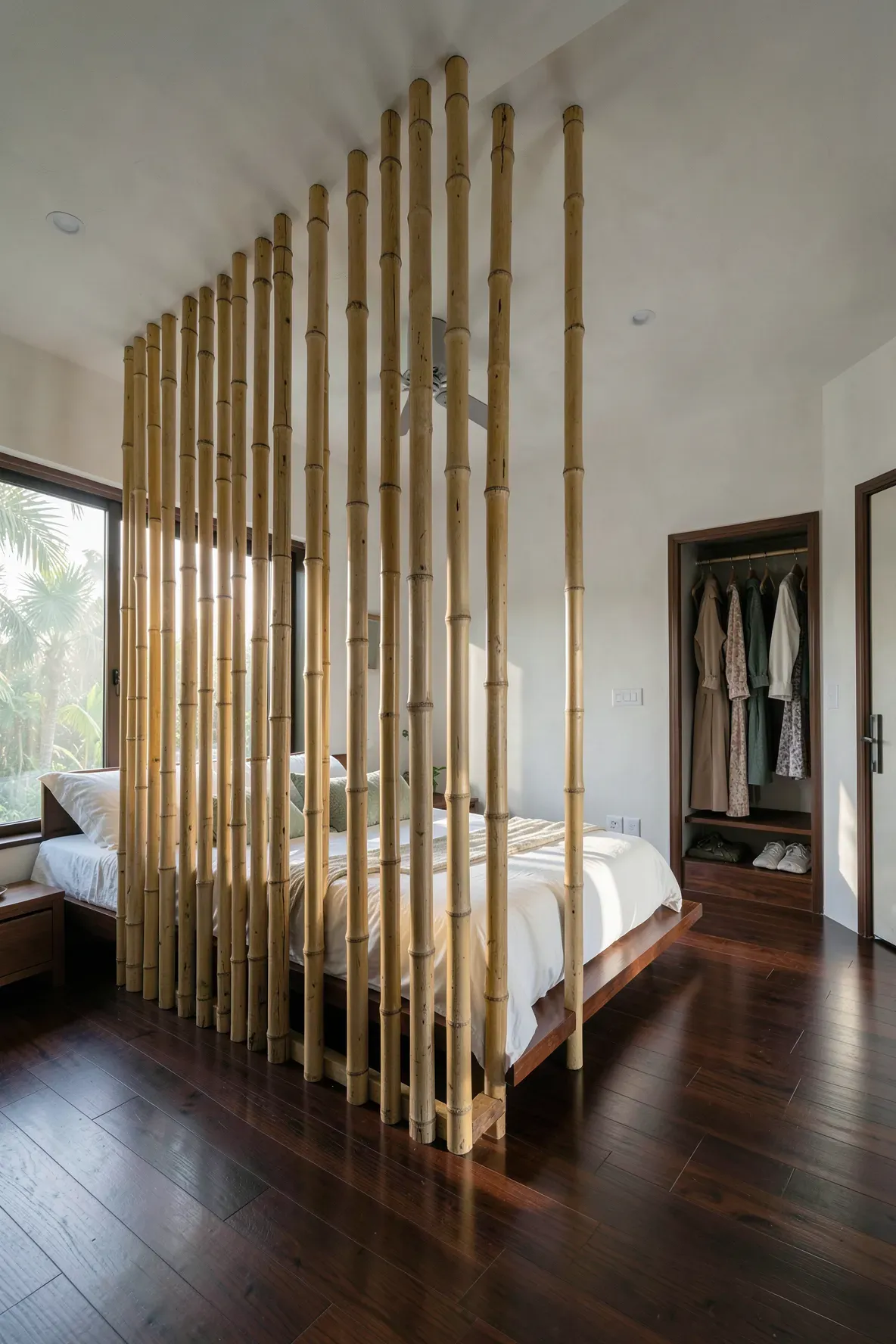 A floor-to-ceiling vertical bamboo pole divider in a bright, airy tropical bedroom.