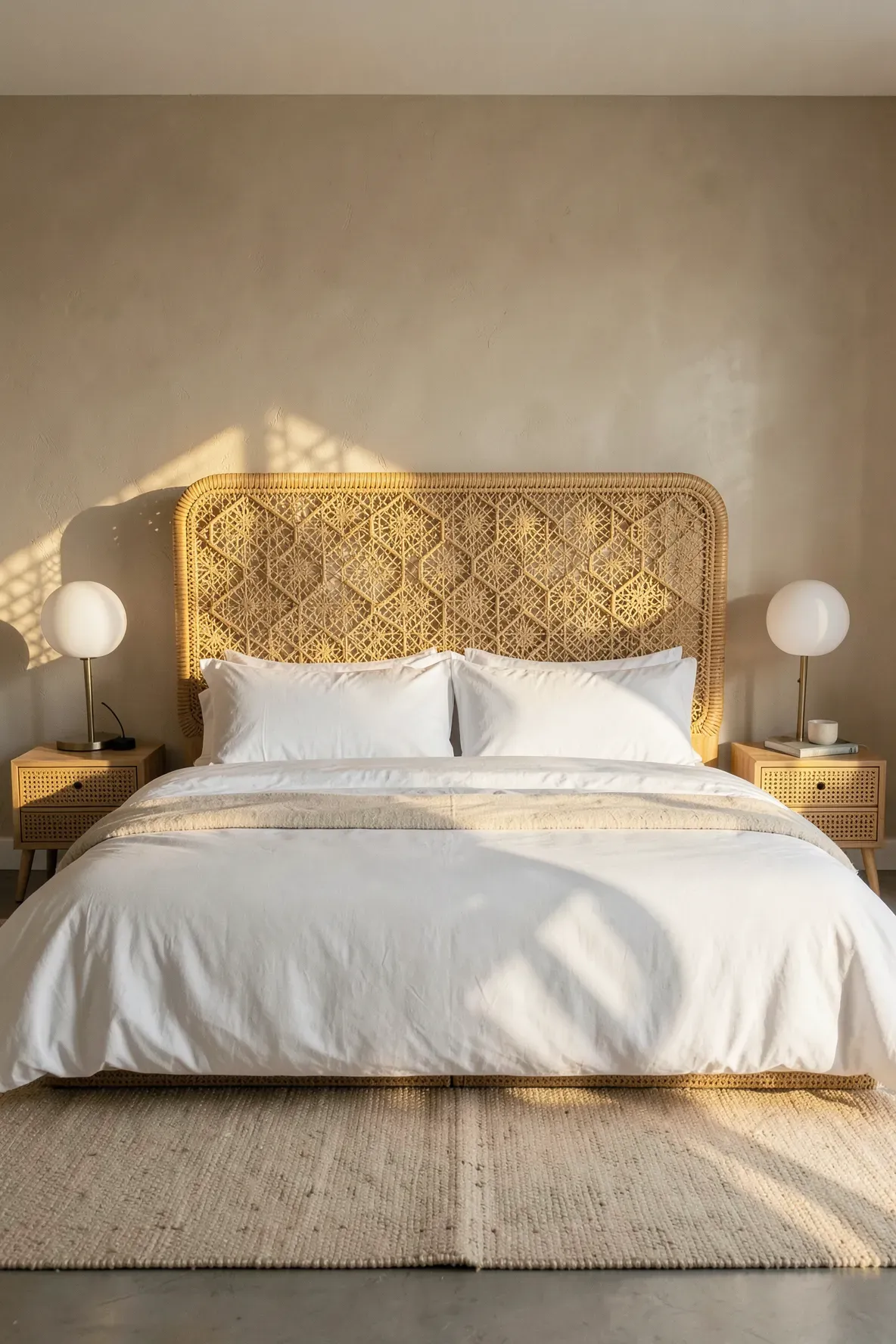 A detailed woven rattan headboard with geometric patterns on a bed with white linens.