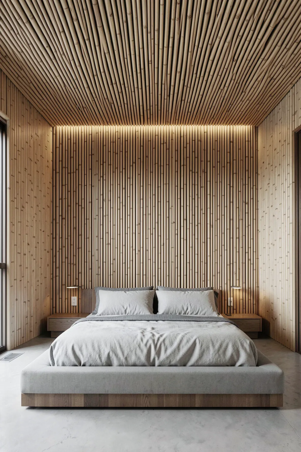 Vertical bamboo slat wall panels behind a modern bed in a spa-like bedroom.