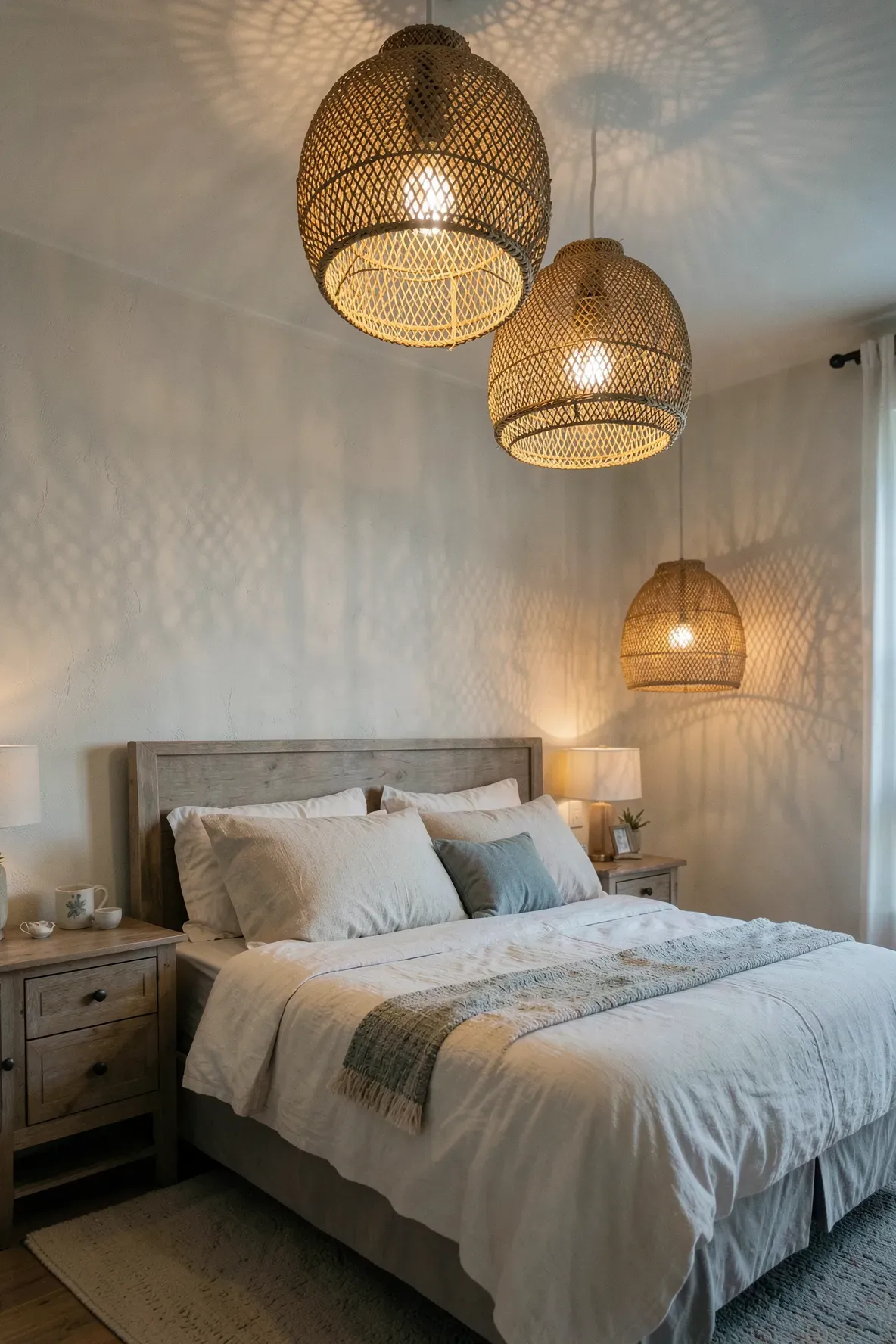 Oversized rattan basket pendant lights casting soft patterns in a coastal bedroom.